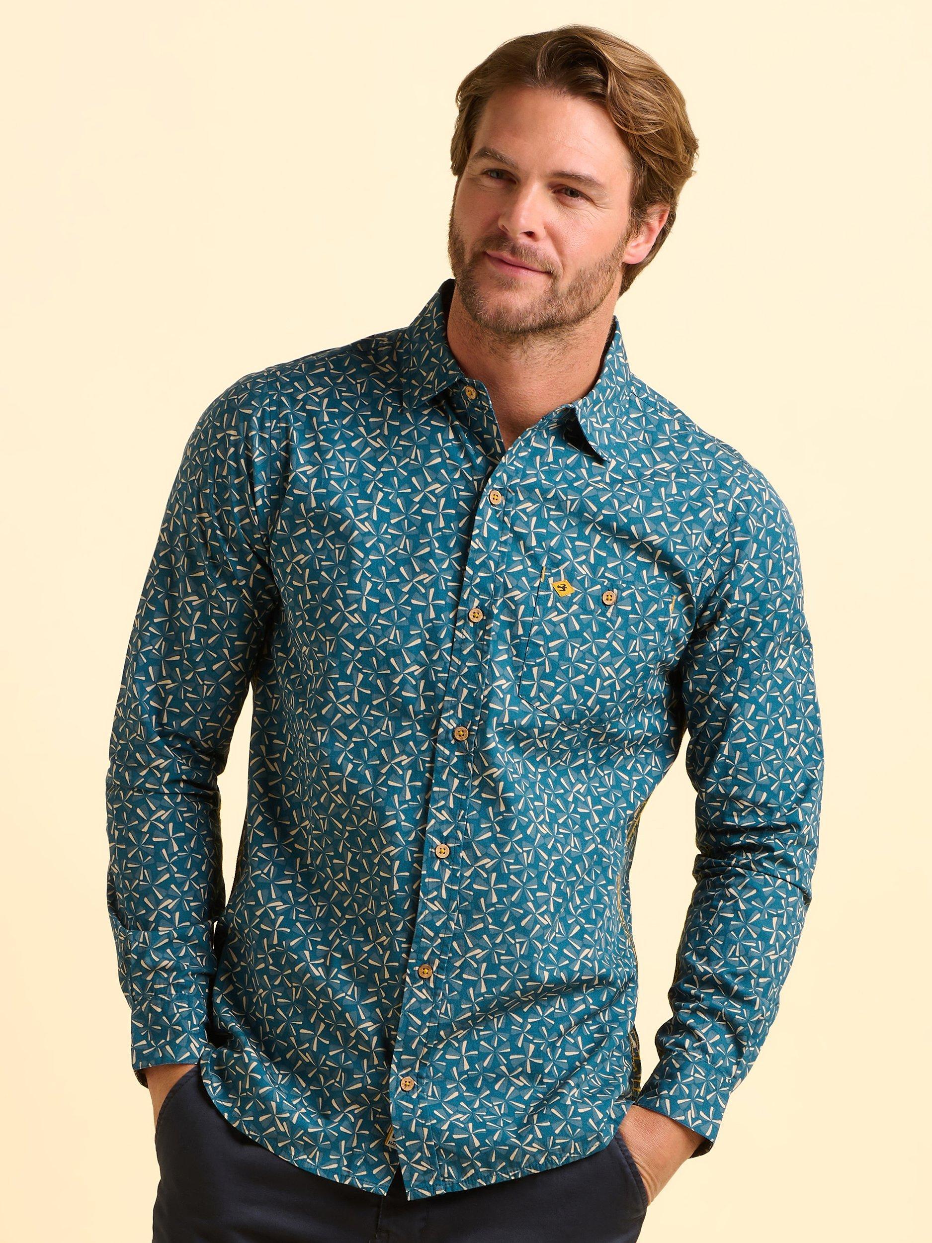Product image 1 of 6, which shows Brakeburn Benbecula Cotton Regular Fit Geometric Shirt, Blue, S