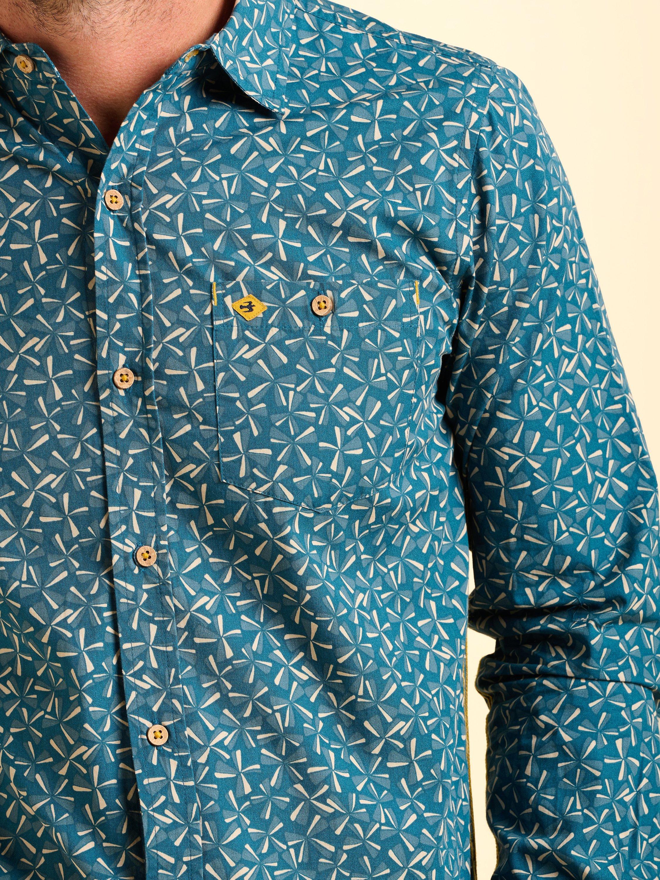 Product image 4 of 6, which shows Brakeburn Benbecula Cotton Regular Fit Geometric Shirt, Blue, S