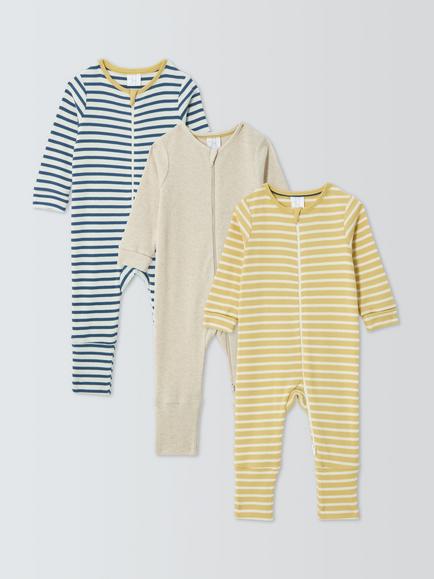 John Lewis Baby Striped Rib Zip Up Flip Foot Sleepsuits, Pack of 3, Multi, Multi