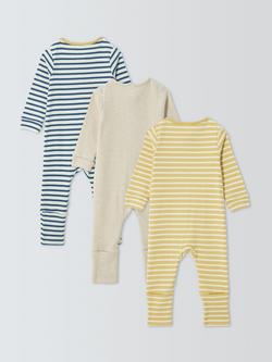 John Lewis Baby Striped Rib Zip Up Flip Foot Sleepsuits, Pack of 3, Multi - view 2, Multi