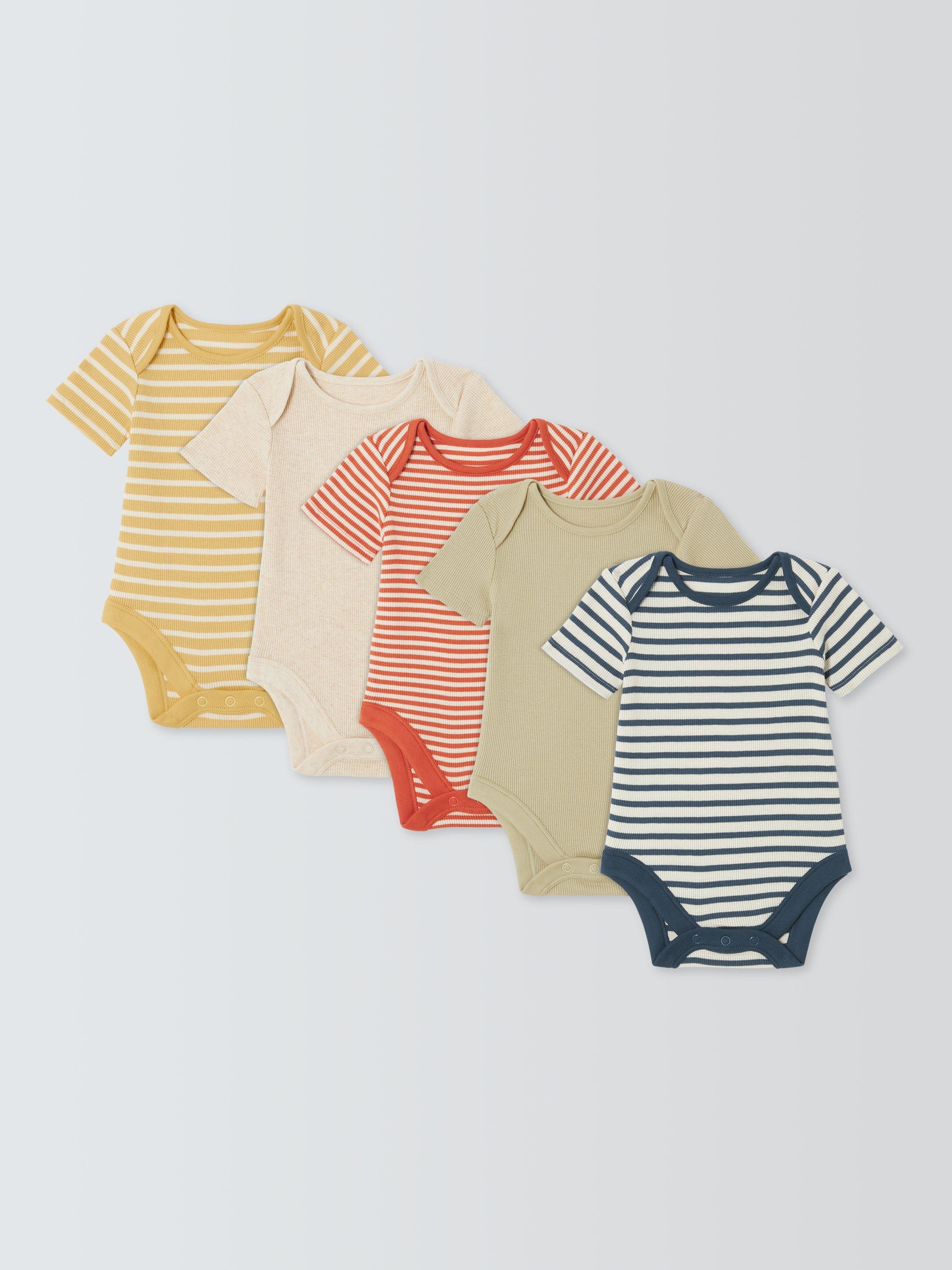Product image 1 of 3, which shows John Lewis Baby Stripe Short Sleeve Bodysuits, Pack of 5, Blue, Newborn