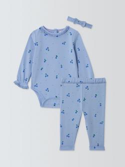 John Lewis Baby Berries Long Sleeve Bodysuit, Leggings & Headband Set, Blue, Blue