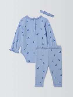 John Lewis Baby Berries Long Sleeve Bodysuit, Leggings & Headband Set, Blue - view 2, Blue