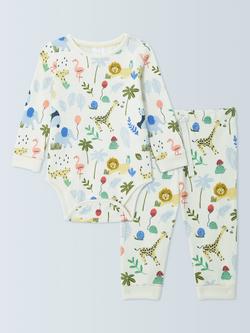 John Lewis Baby Safari Long Sleeve Bodysuit & Trousers Set, White, White