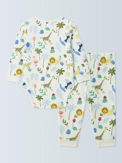 John Lewis Baby Safari Long Sleeve Bodysuit & Trousers Set, White - view 2, White