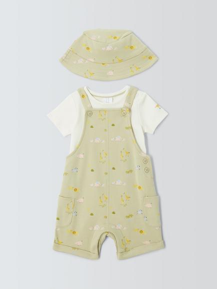 John Lewis Baby Safari Bibshorts, T-Shirt & Hat Set, Green, Green