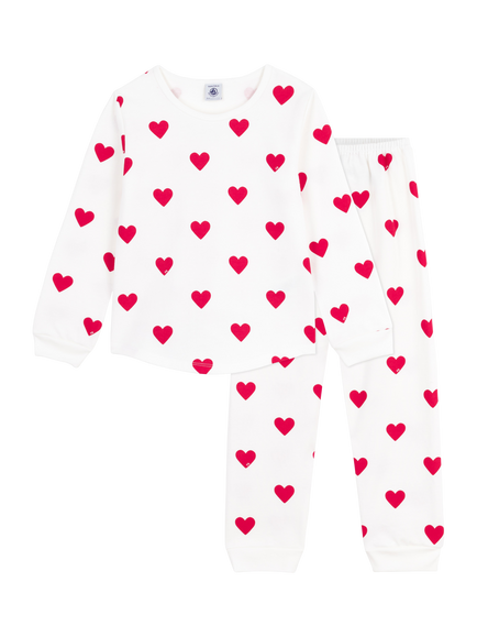 Petit Bateau Kids' Cotton Long Sleeved Heart Print Pyjamas, Marshmallow/Terkuit, Marshmallow/Terkuit
