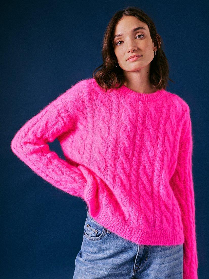 Product image 1 of 5, which shows Cape Cove Cara Cable Knit Wool Rich Jumper, Pink, M