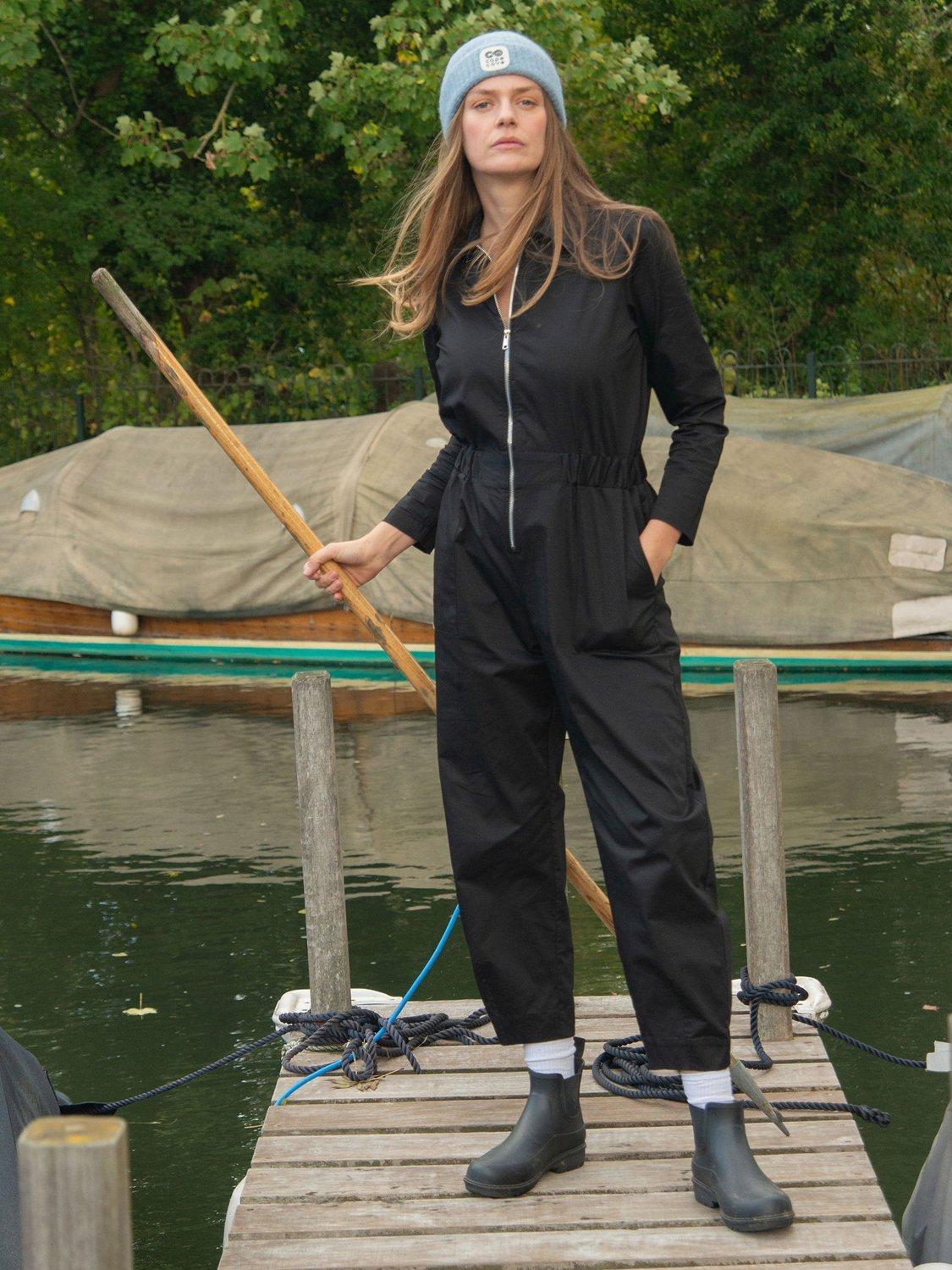 Product image 1 of 1, which shows Cape Cove Zip Barrel Leg Jumpsuit, Black, XS