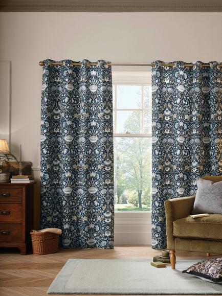 William Morris At Home Lodden Pair Lined Eyelet Curtains, Prussian Blue, Prussian Blue