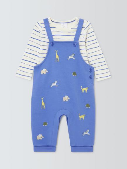 John Lewis Baby Safari Dungarees & Long Sleeve Bodysuit Set, Blue, Blue