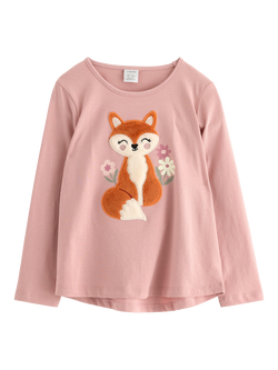 Lindex Kids' Cotton Long Sleeved Animal Applique Top, Dusty Pink, Dusty Pink