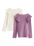 Lindex Kids' Pointelle Cotton Frill Sleeve Top, Pack of 2, Light Dusty Lilac