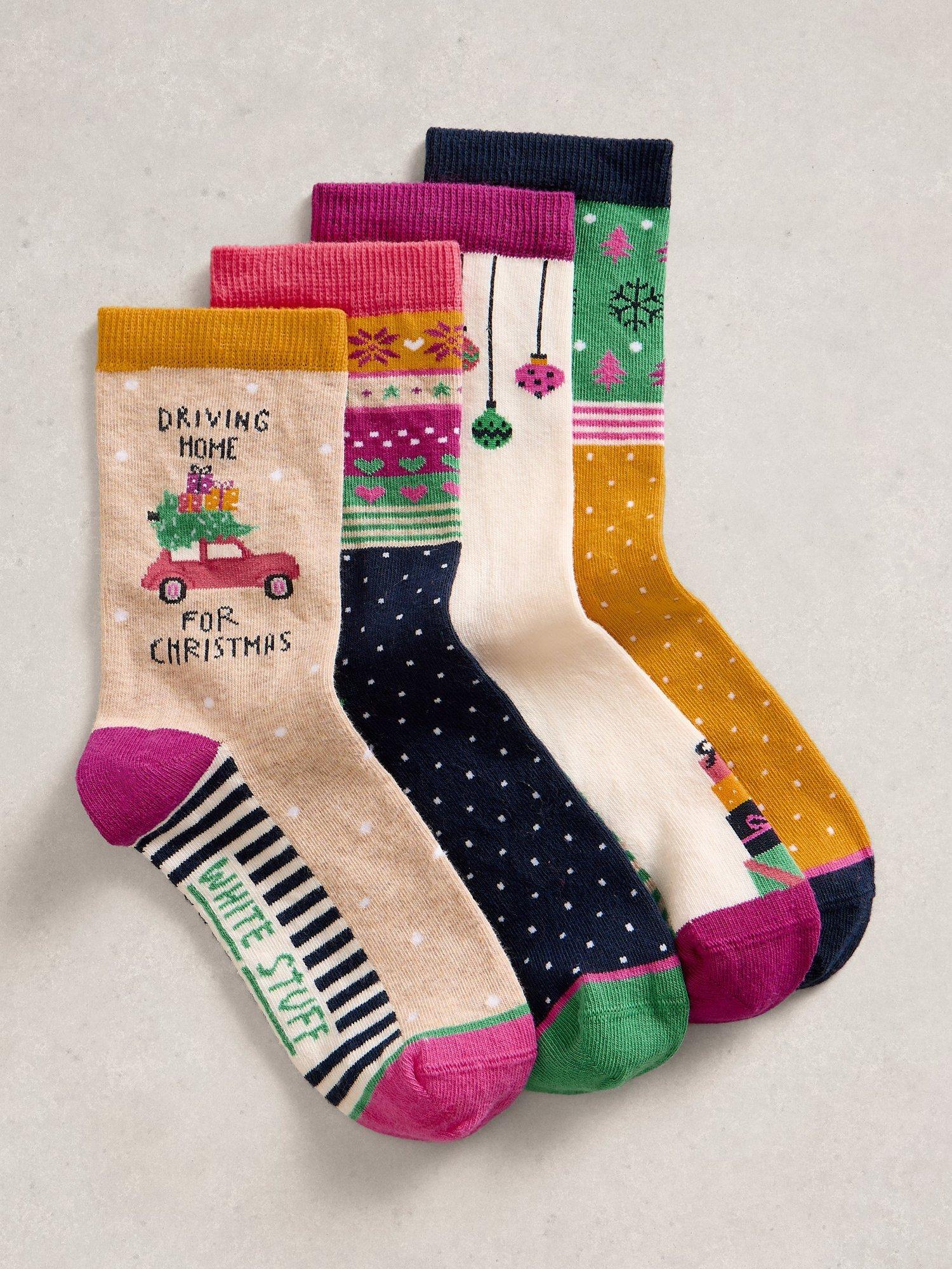 Product image 1 of 4, which shows White Stuff Christmas Ankle Socks, Pack of 4, Multi, 3-5.5