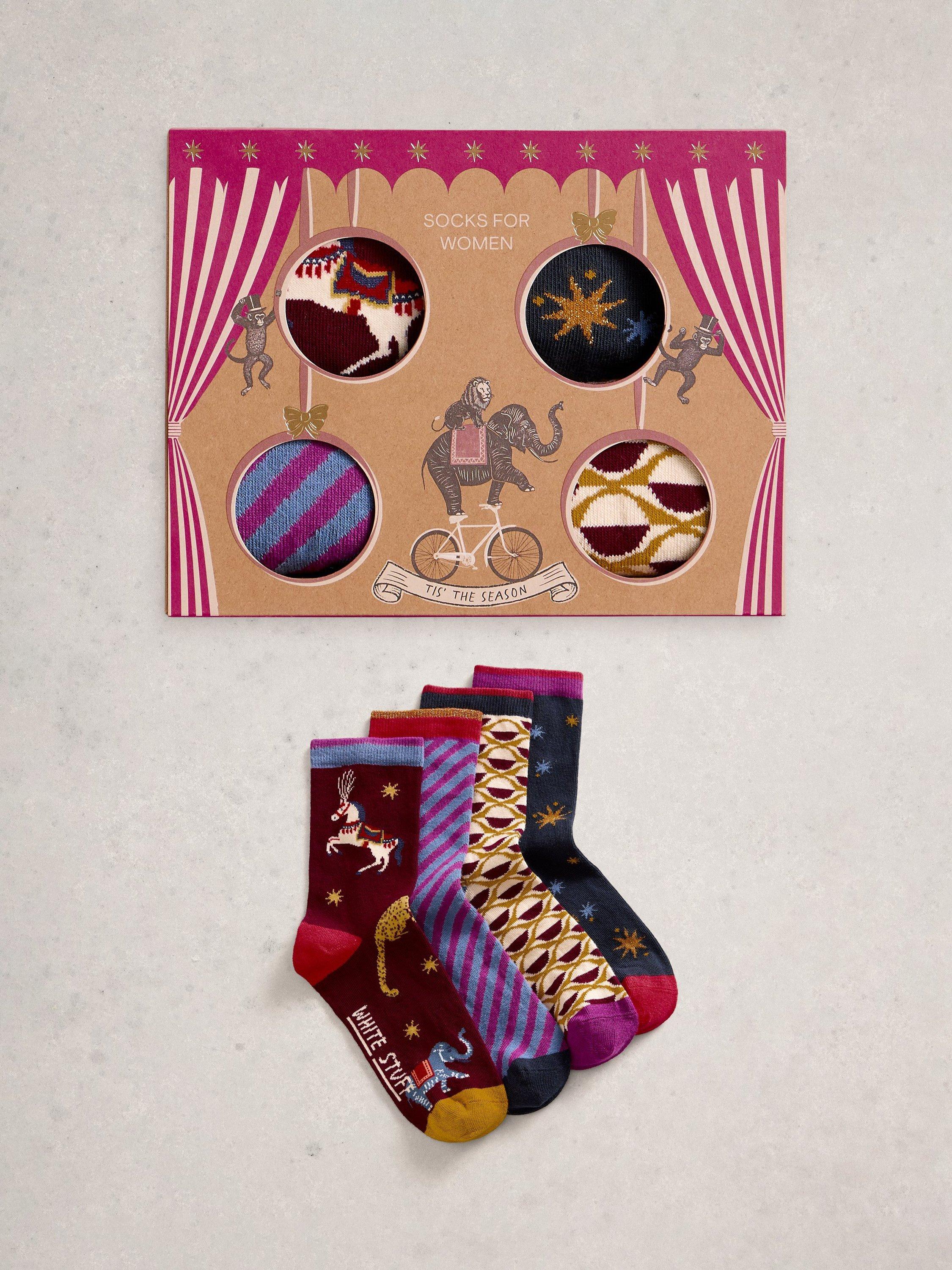 Product image 1 of 5, which shows White Stuff Circle Ankle Socks, Pack of 4, Plum/Multi, 3-5.5