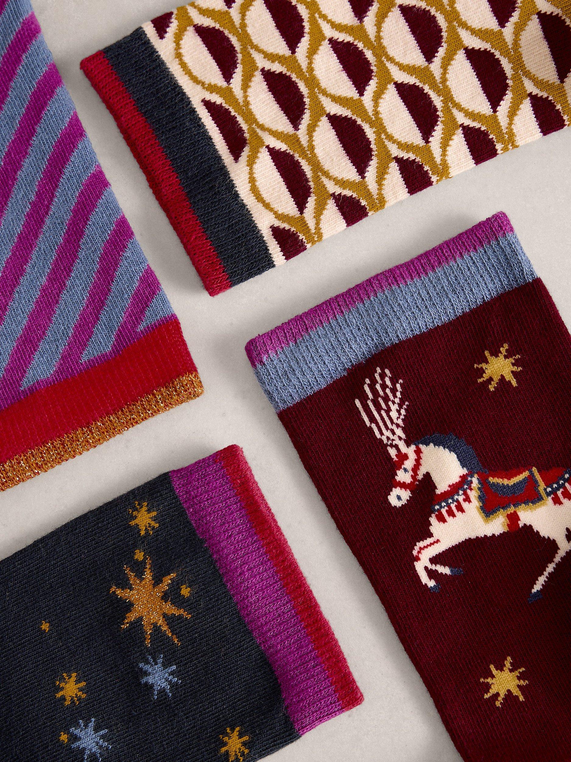 Product image 4 of 5, which shows White Stuff Circle Ankle Socks, Pack of 4, Plum/Multi, 3-5.5