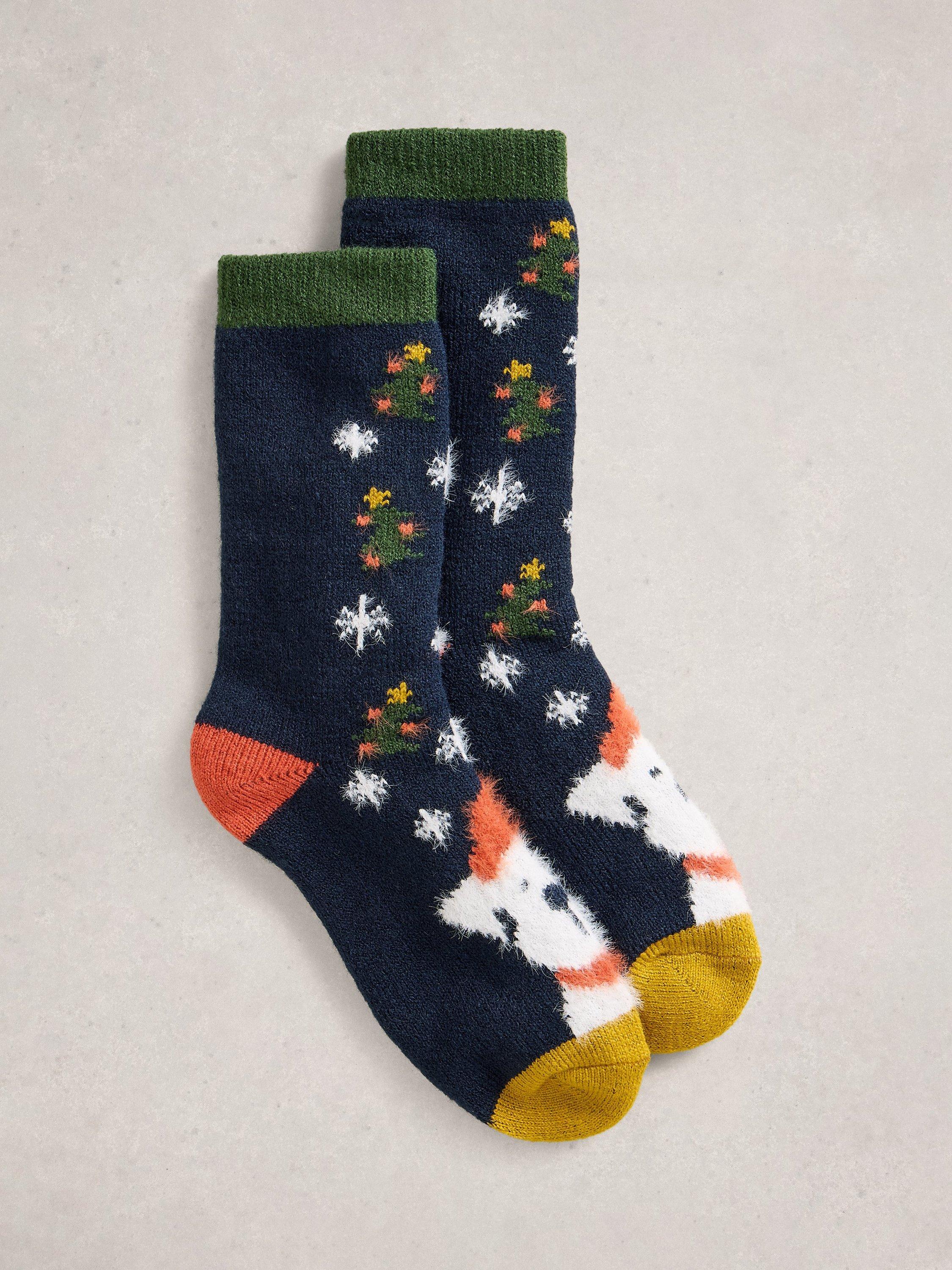 Product image 1 of 2, which shows White Stuff Christmas Dog Cabin Socks, Navy/Multi, One Size