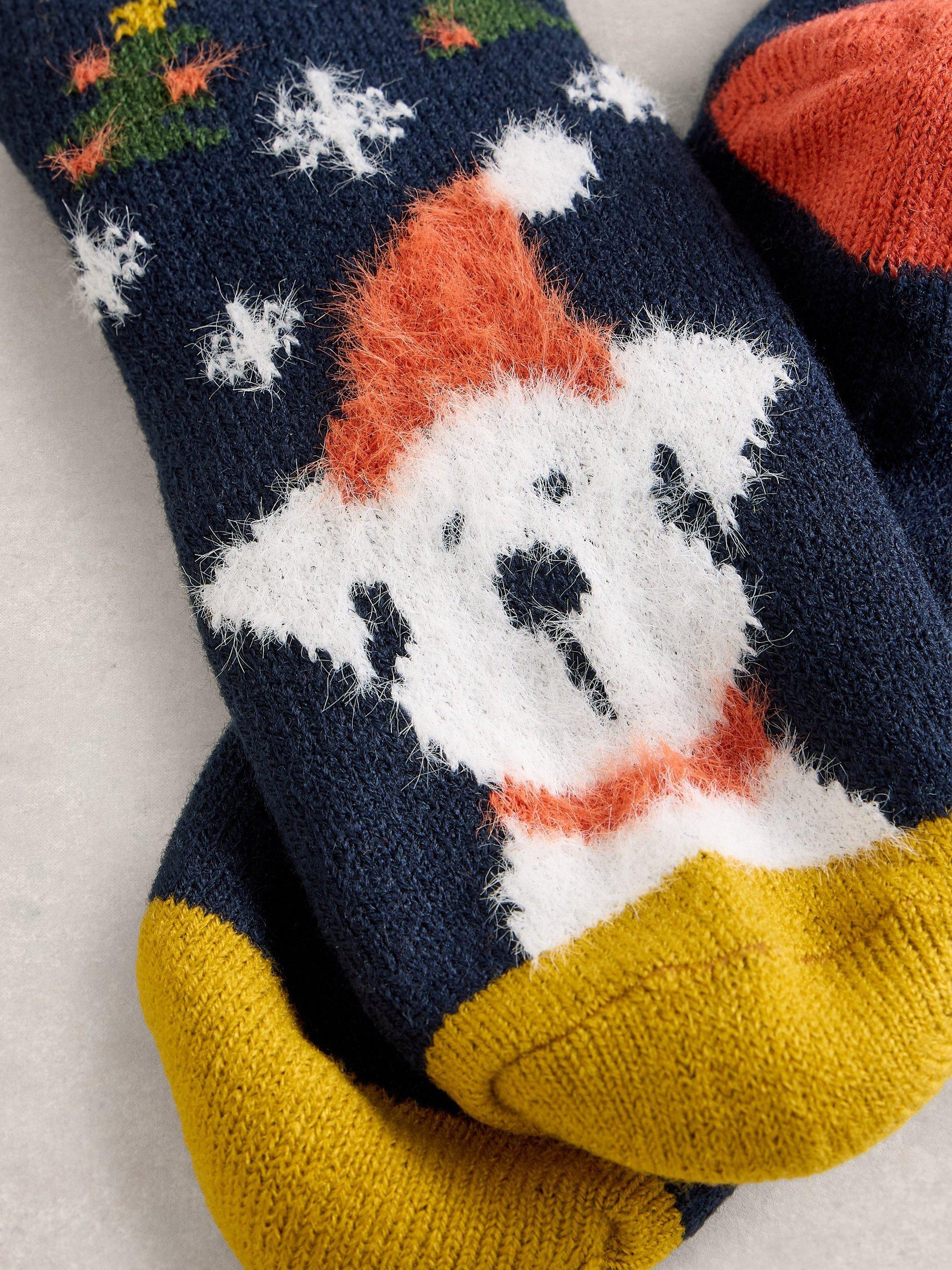 Product image 2 of 2, which shows White Stuff Christmas Dog Cabin Socks, Navy/Multi, One Size