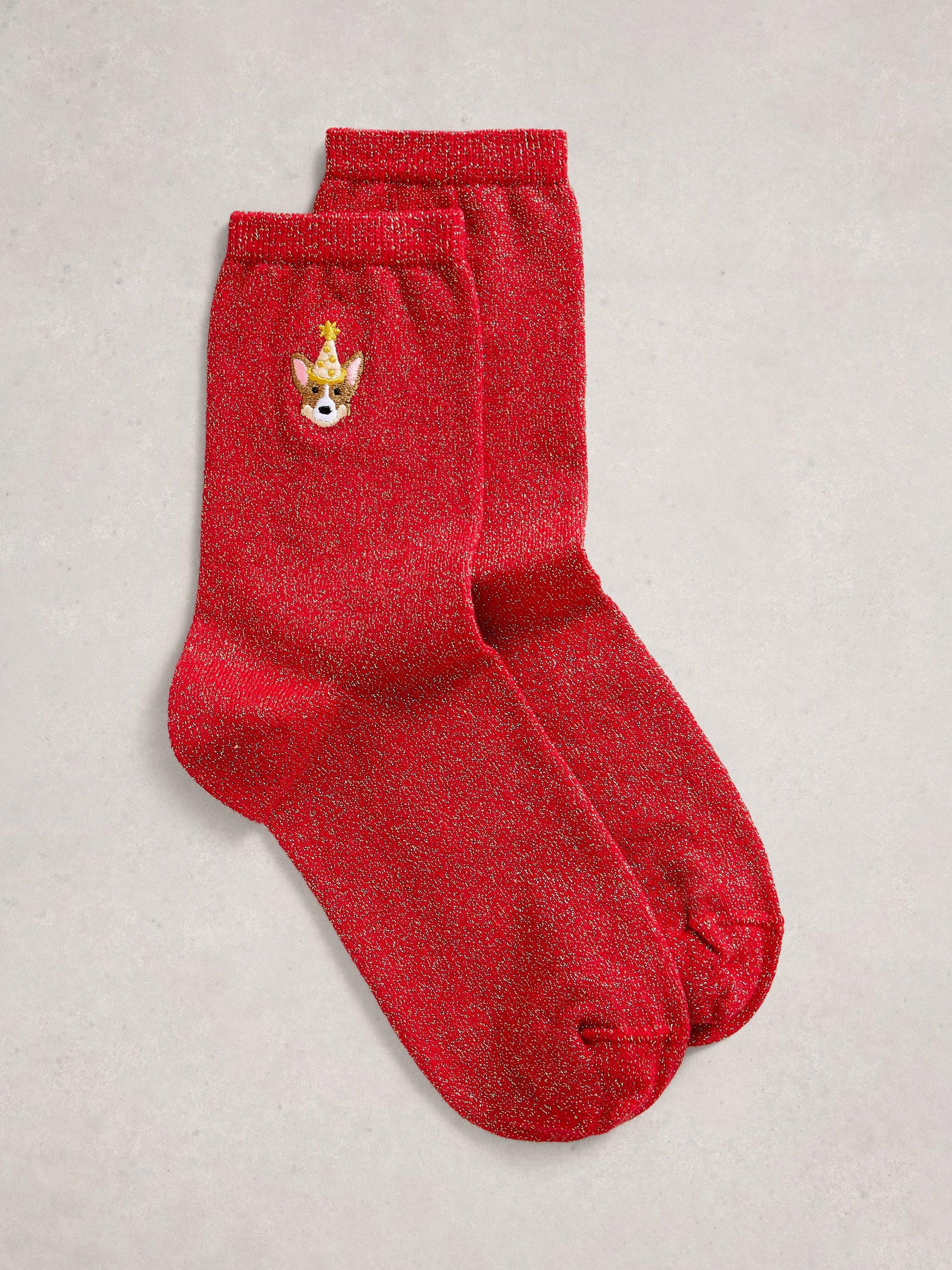 Product image 1 of 2, which shows White Stuff Embroidered Corgi Sparkle Ankle Socks, Bright Red, 3-5.5