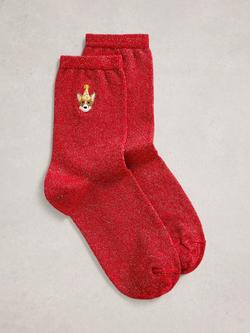 White Stuff Embroidered Corgi Sparkle Ankle Socks, Bright Red, Bright Red