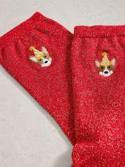 White Stuff Embroidered Corgi Sparkle Ankle Socks, Bright Red - view 2, Bright Red