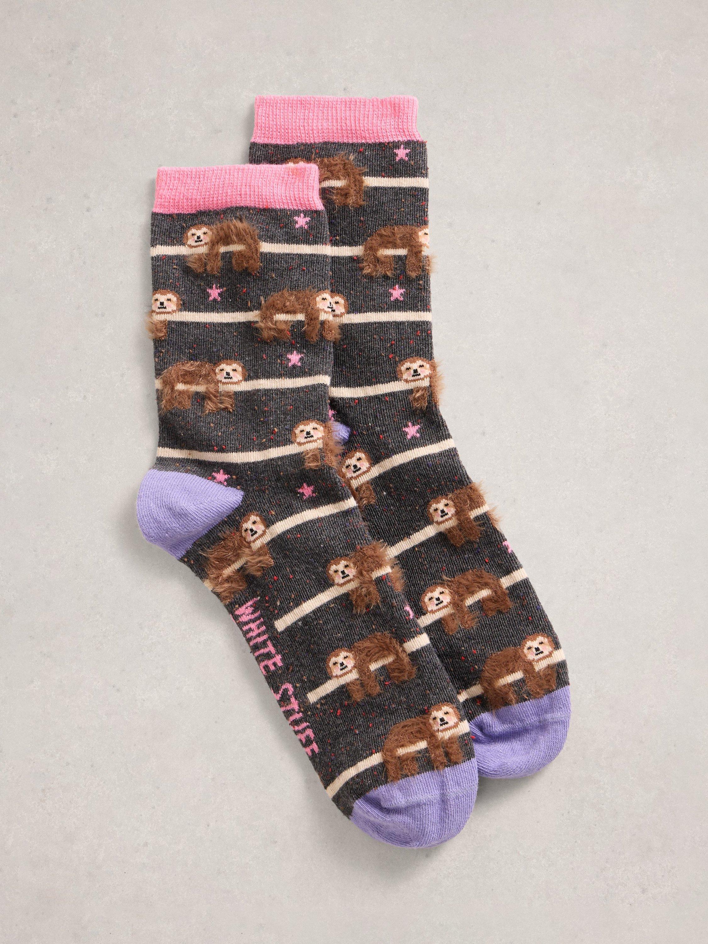 Product image 1 of 2, which shows White Stuff Fluffy Animal Stripe Ankle Socks, Dark Grey, 3-5.5