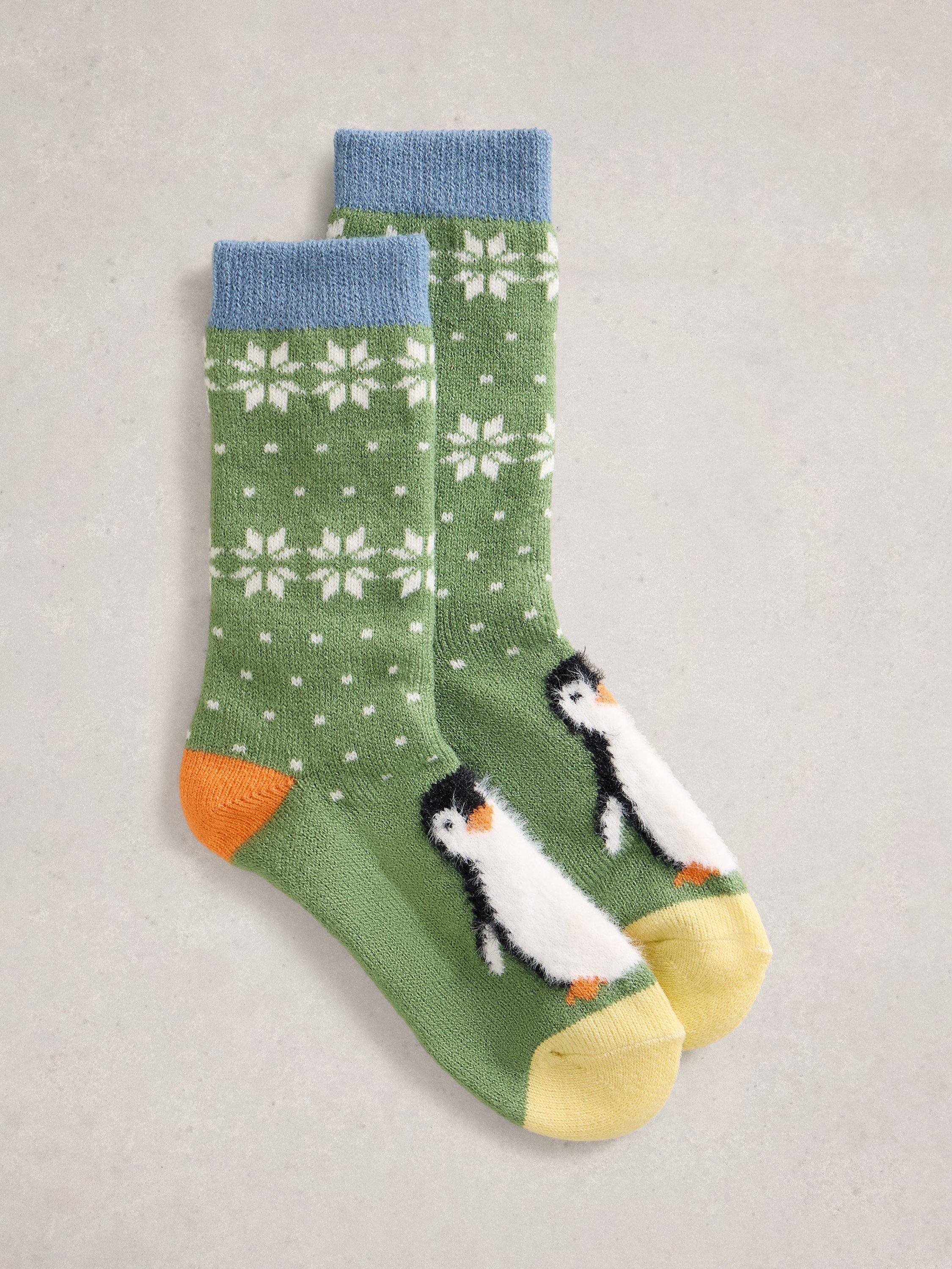 Product image 1 of 2, which shows White Stuff Fluffy Penguin Crew Socks, Green/Multi, One Size