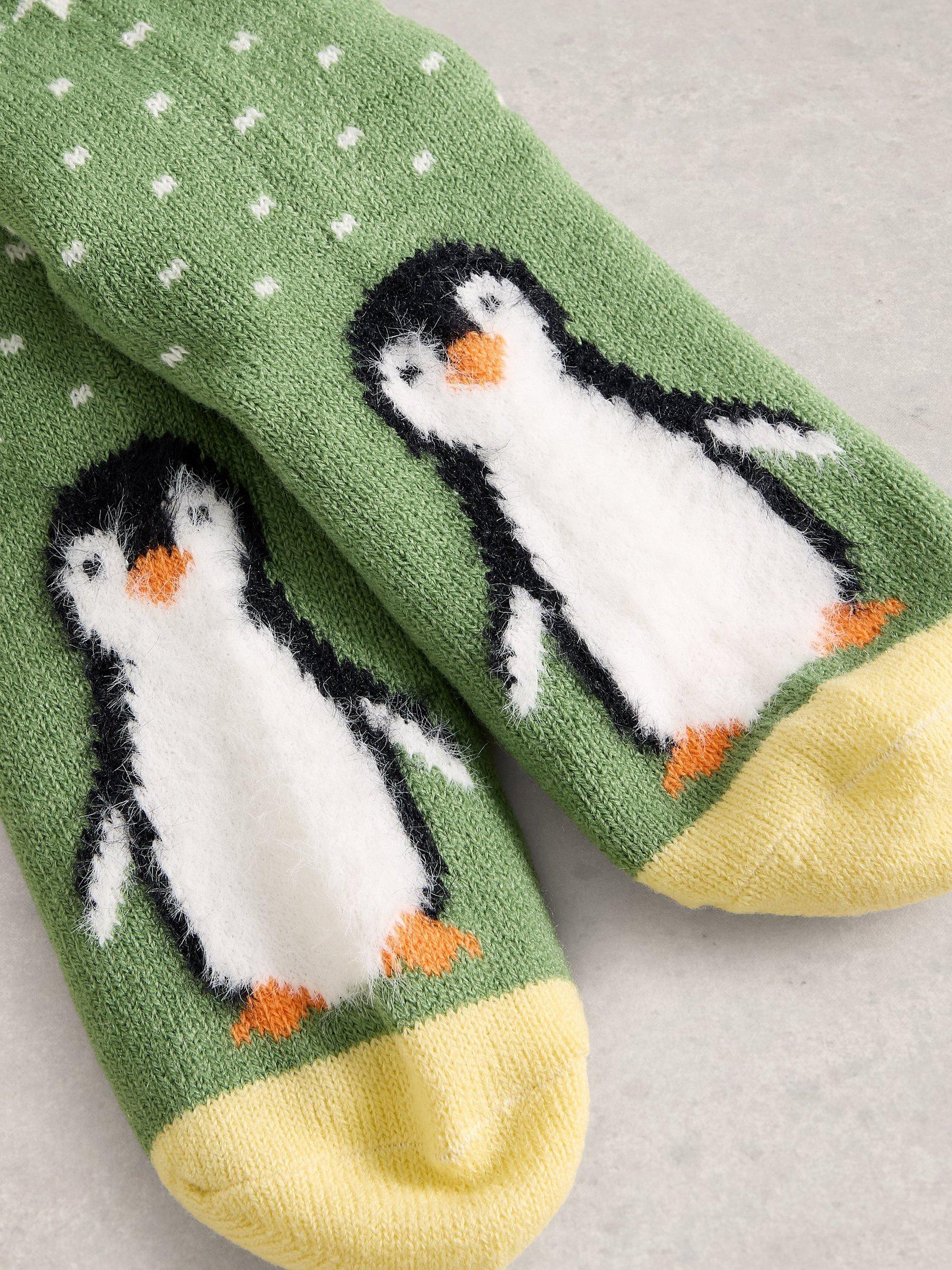 Product image 2 of 2, which shows White Stuff Fluffy Penguin Crew Socks, Green/Multi, One Size