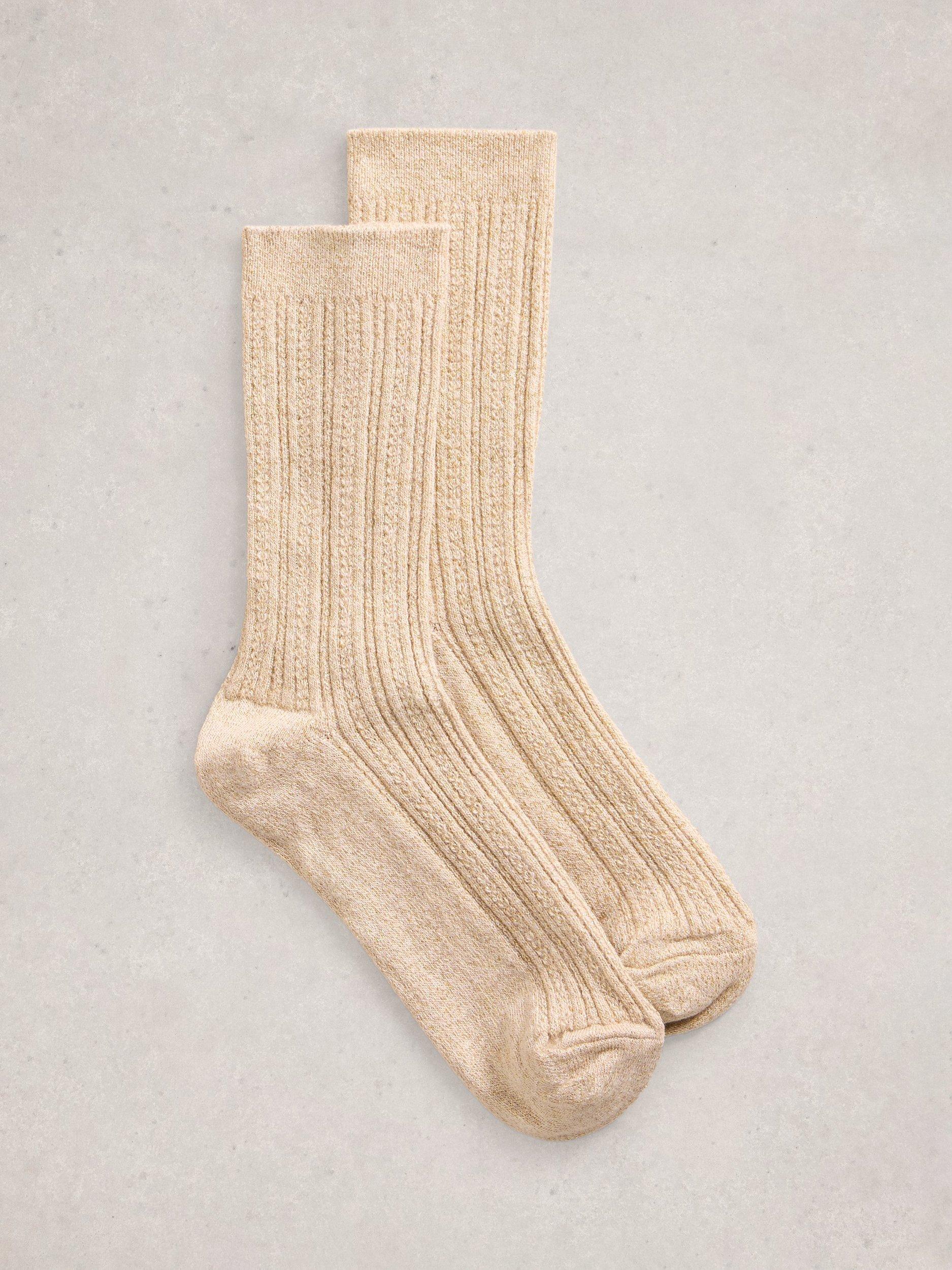 Product image 1 of 2, which shows White Stuff Cotton Blend Rib Sparkle Ankle Socks, Gold, 3-5.5