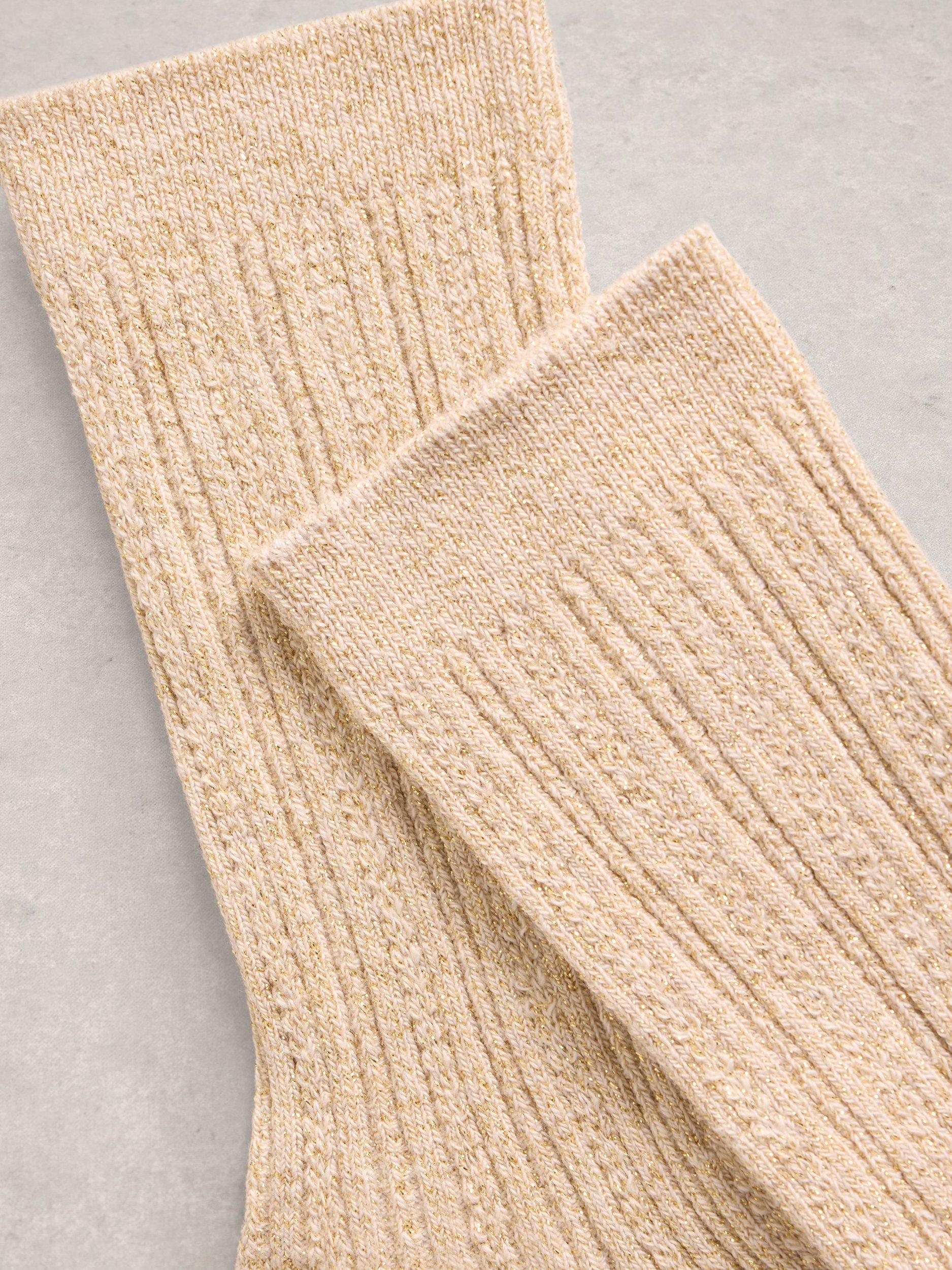 Product image 2 of 2, which shows White Stuff Cotton Blend Rib Sparkle Ankle Socks, Gold, 3-5.5