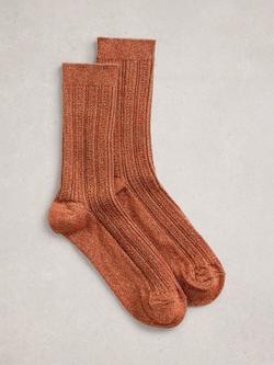 White Stuff Cotton Blend Rib Sparkle Ankle Socks, Dark Orange