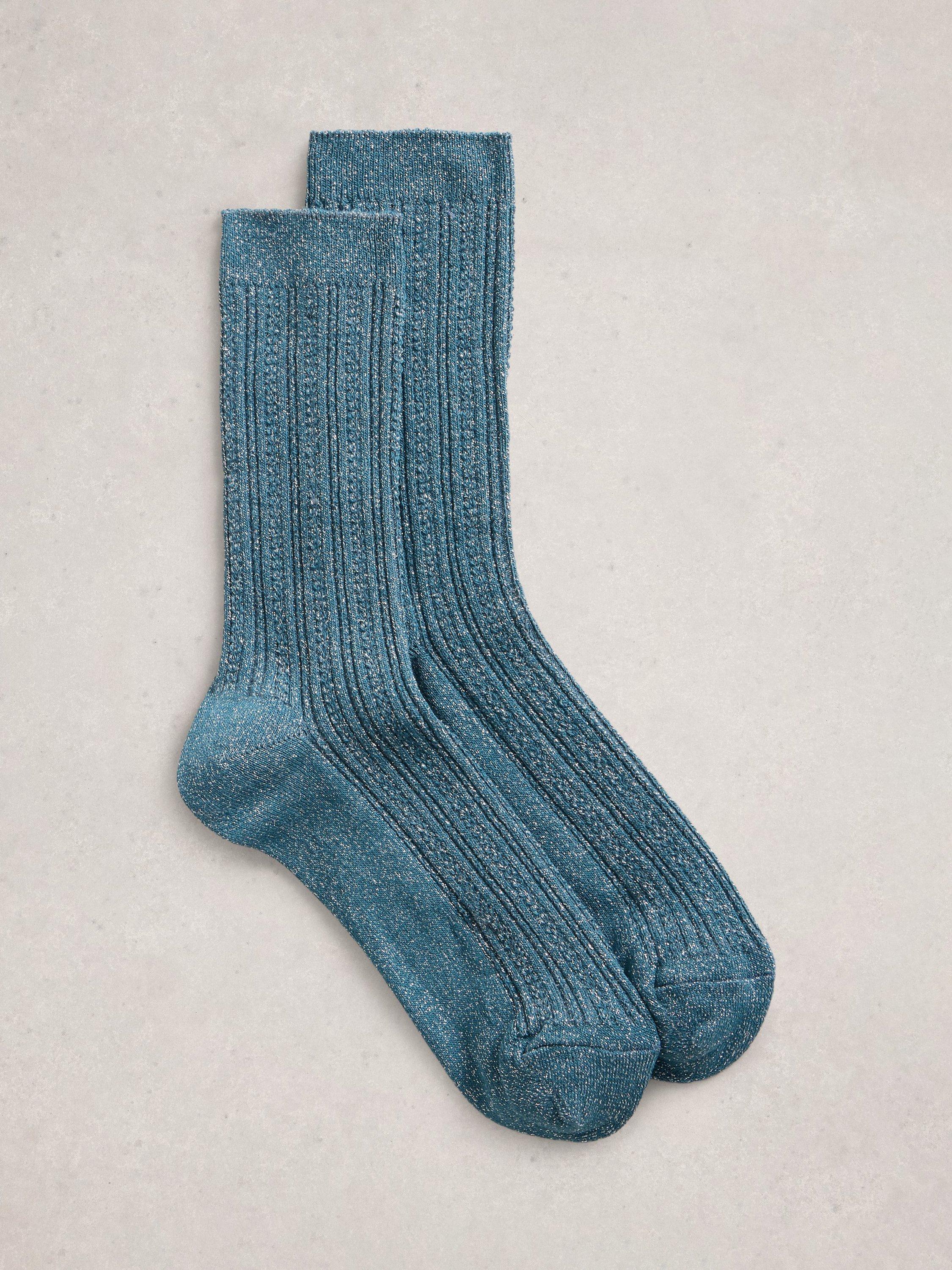 Product image 1 of 2, which shows White Stuff Cotton Blend Rib Sparkle Ankle Socks, Dark Teal, 3-5.5