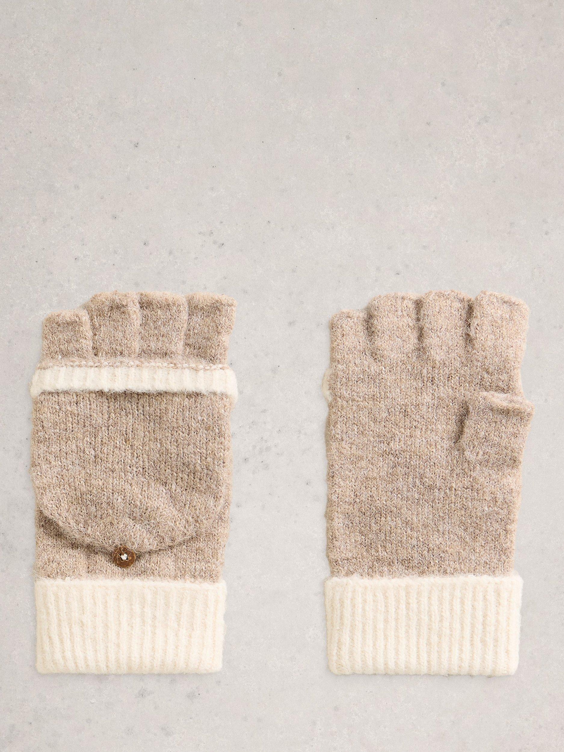 Product image 1 of 3, which shows White Stuff Emma Colour Block Knit Flip Mittens, Natural, One Size