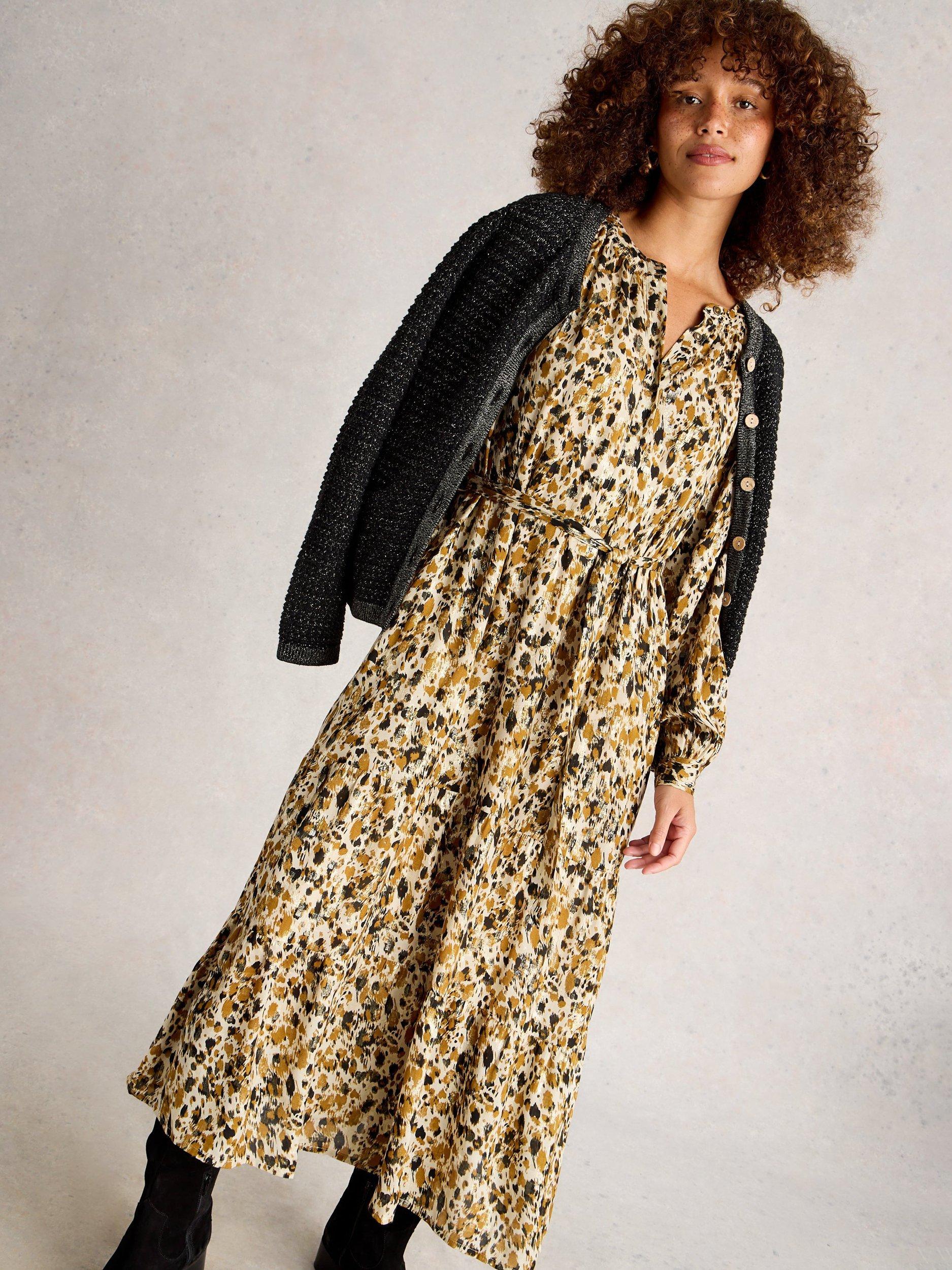 Product image 4 of 6, which shows White Stuff Delilah Abstract Metallic Midi Dress, Chart/Multi, 6