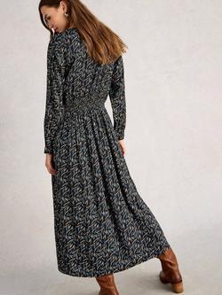 White Stuff Edie Leaves Print V-Neck Midi Smock Dress - view 2, Black/Multi