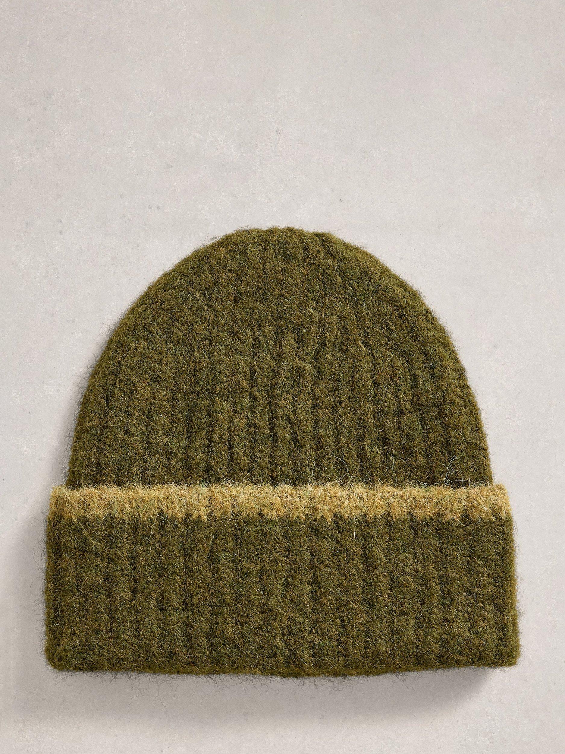 Product image 1 of 2, which shows White Stuff Emma Colour-Block Beanie, Khaki Green, One Size