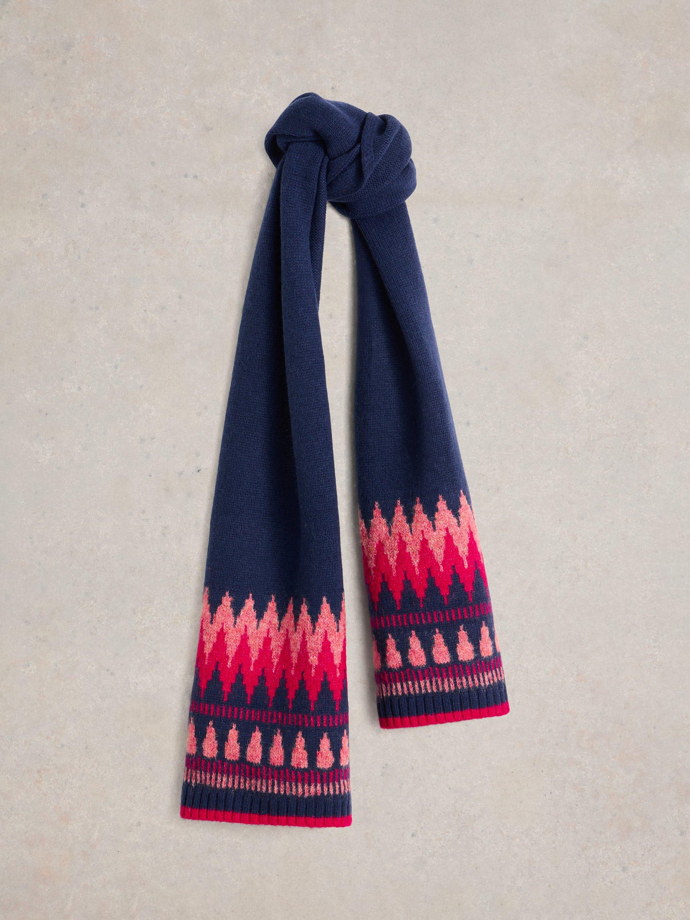 Product image 1 of 3, which shows White Stuff Fair Isle Knit Wool Rich Scarf, Navy/Multi, One Size