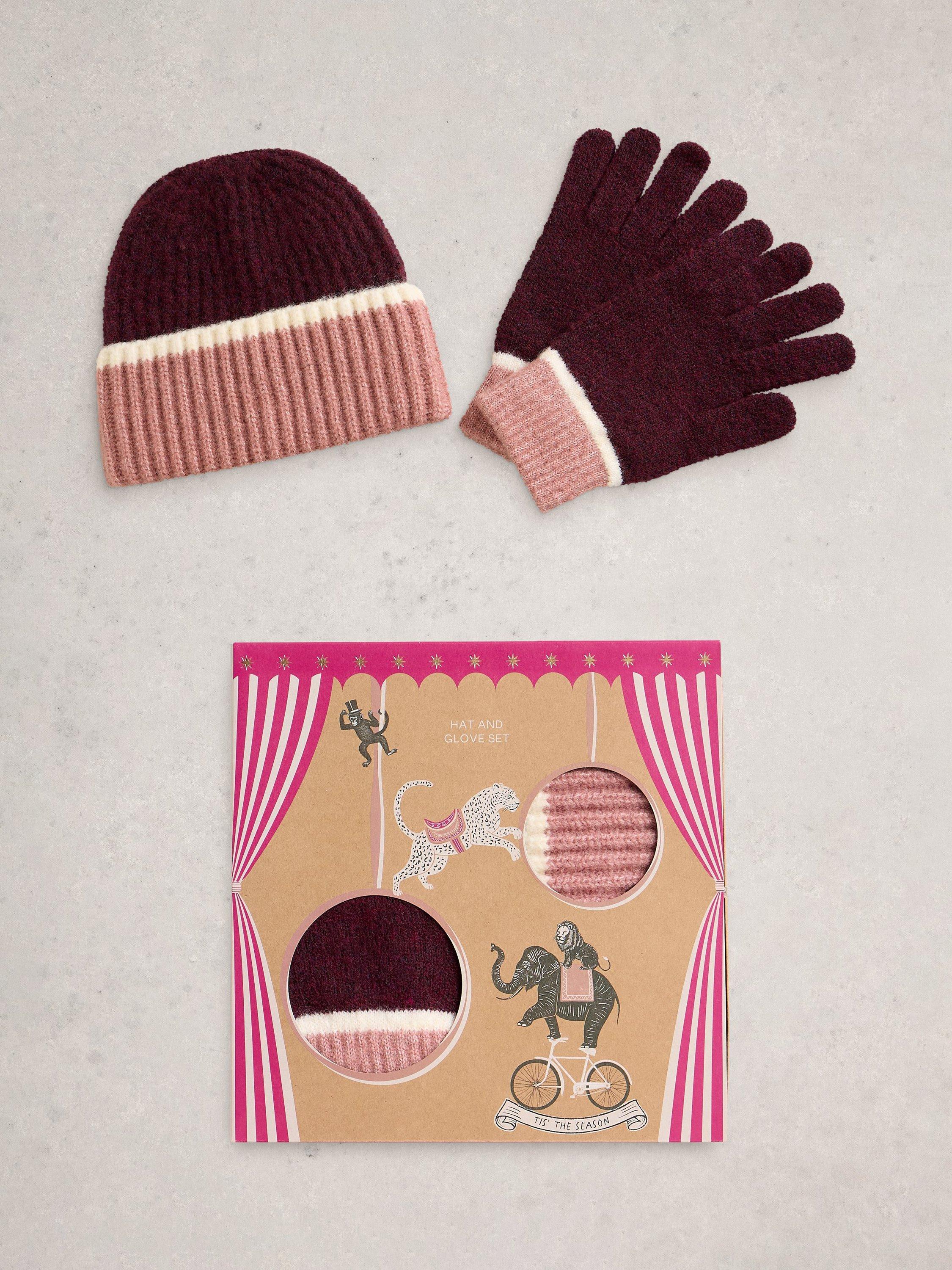 White Stuff Colour Block Hat & Gloves Gift Set, Plum/Multi, One Size