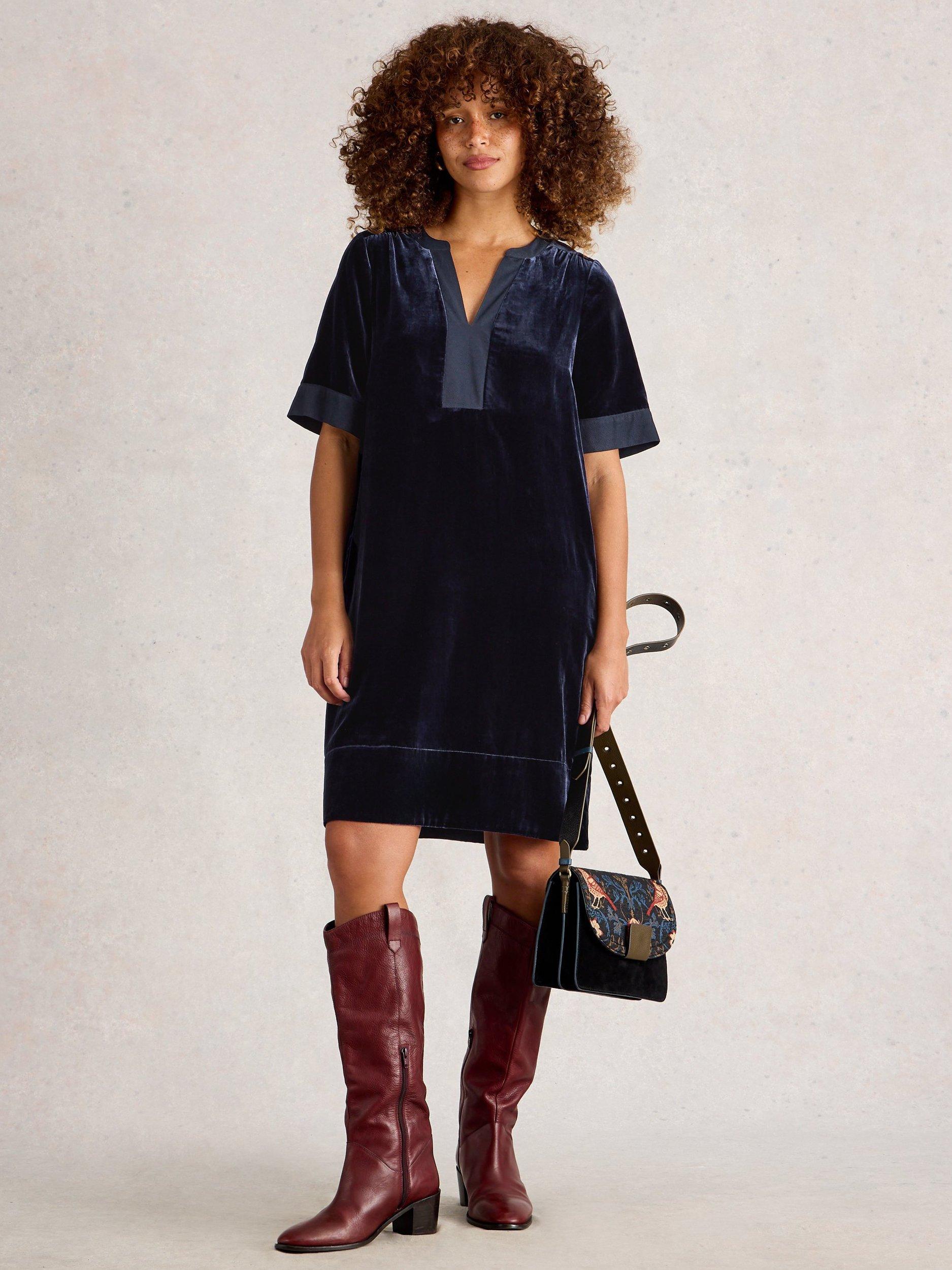 Product image 1 of 6, which shows White Stuff June Velvet Tunic Dress, Dark Navy, 6