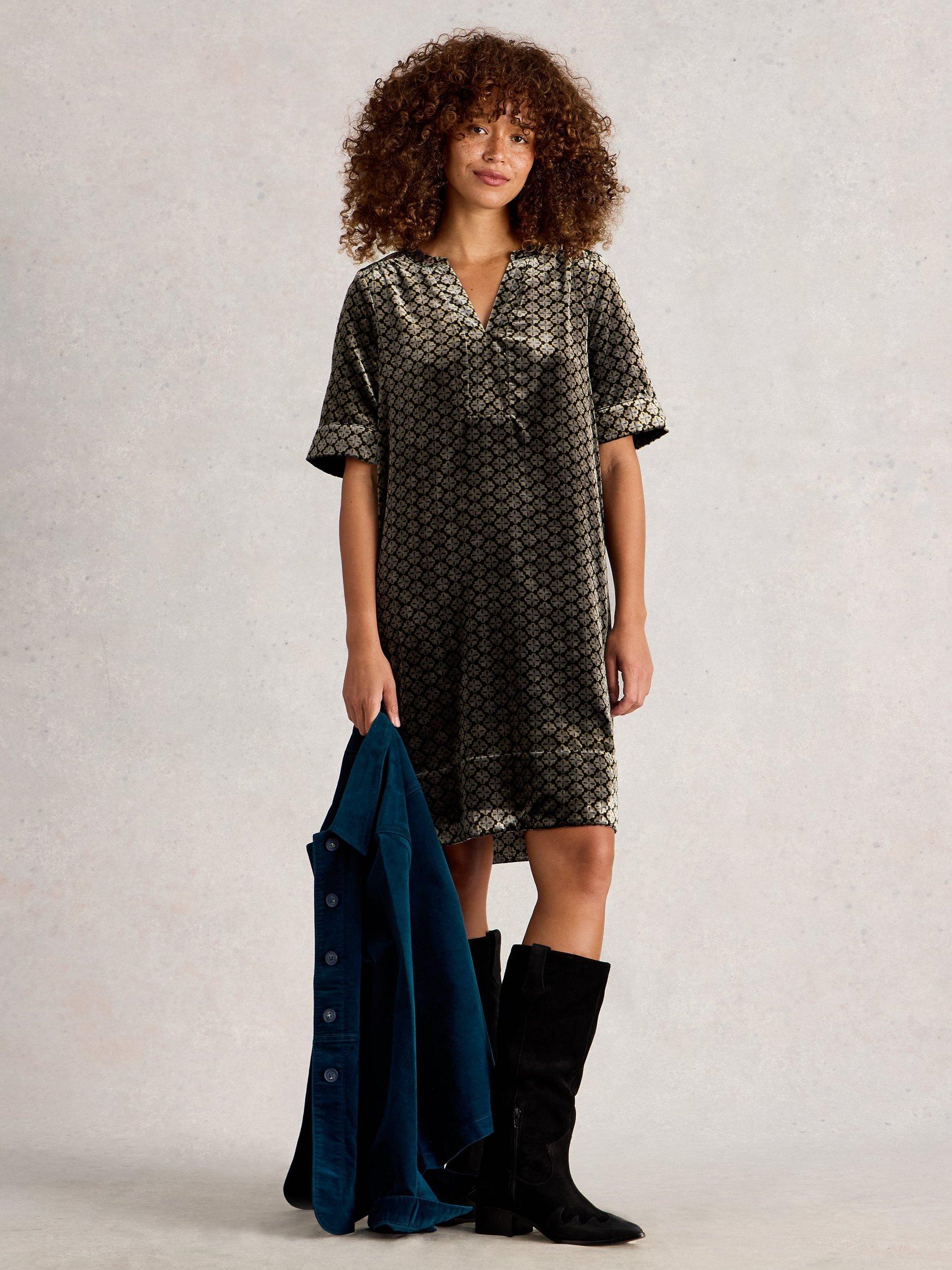 Product image 1 of 6, which shows White Stuff June Geometric Velvet Tunic Dress, Natural/Multi, 6