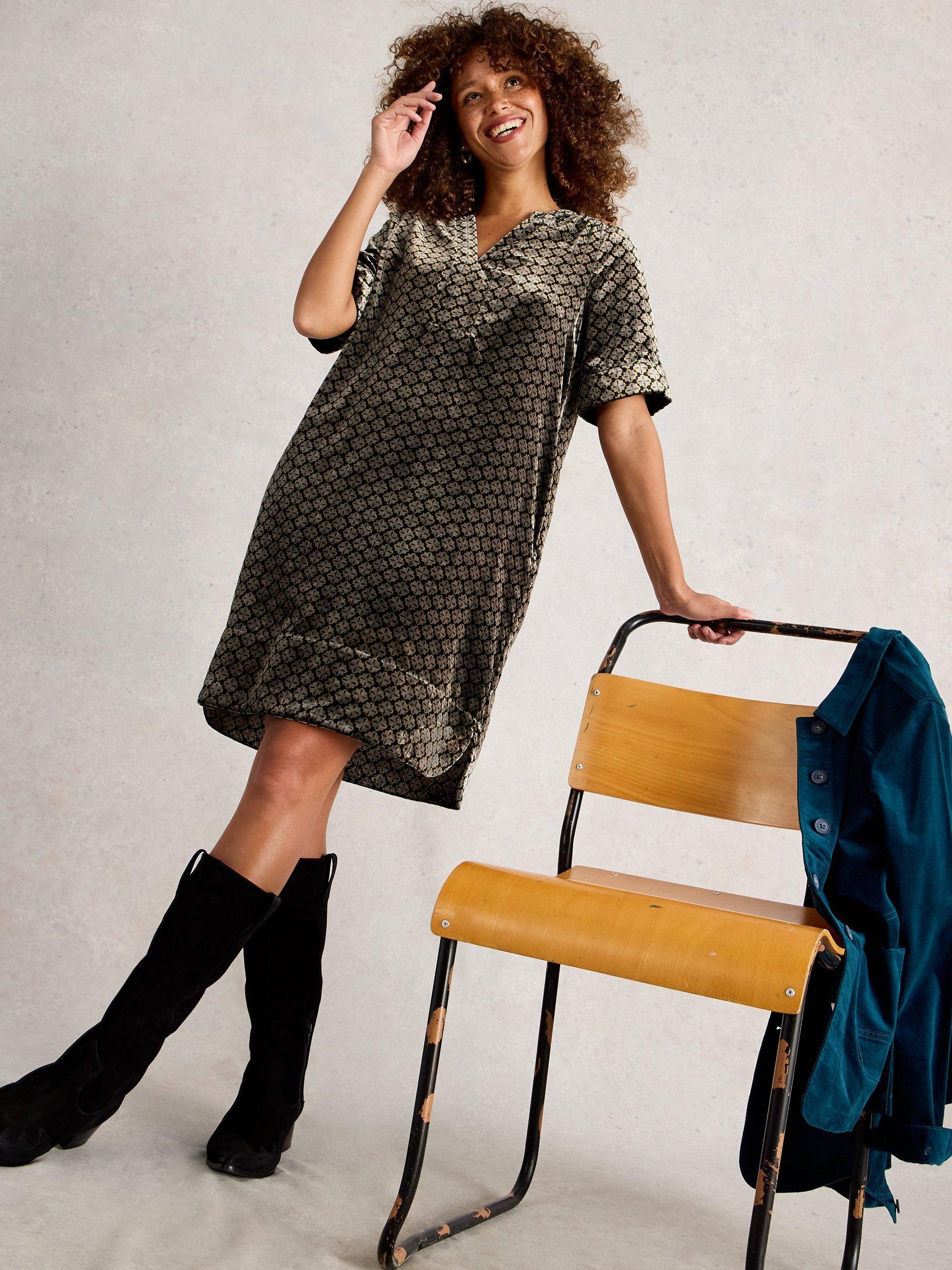 Product image 4 of 6, which shows White Stuff June Geometric Velvet Tunic Dress, Natural/Multi, 6