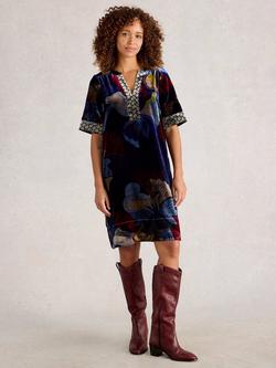 White Stuff June Floral Print Straight Velvet Knee Length Dress, Navy Multi