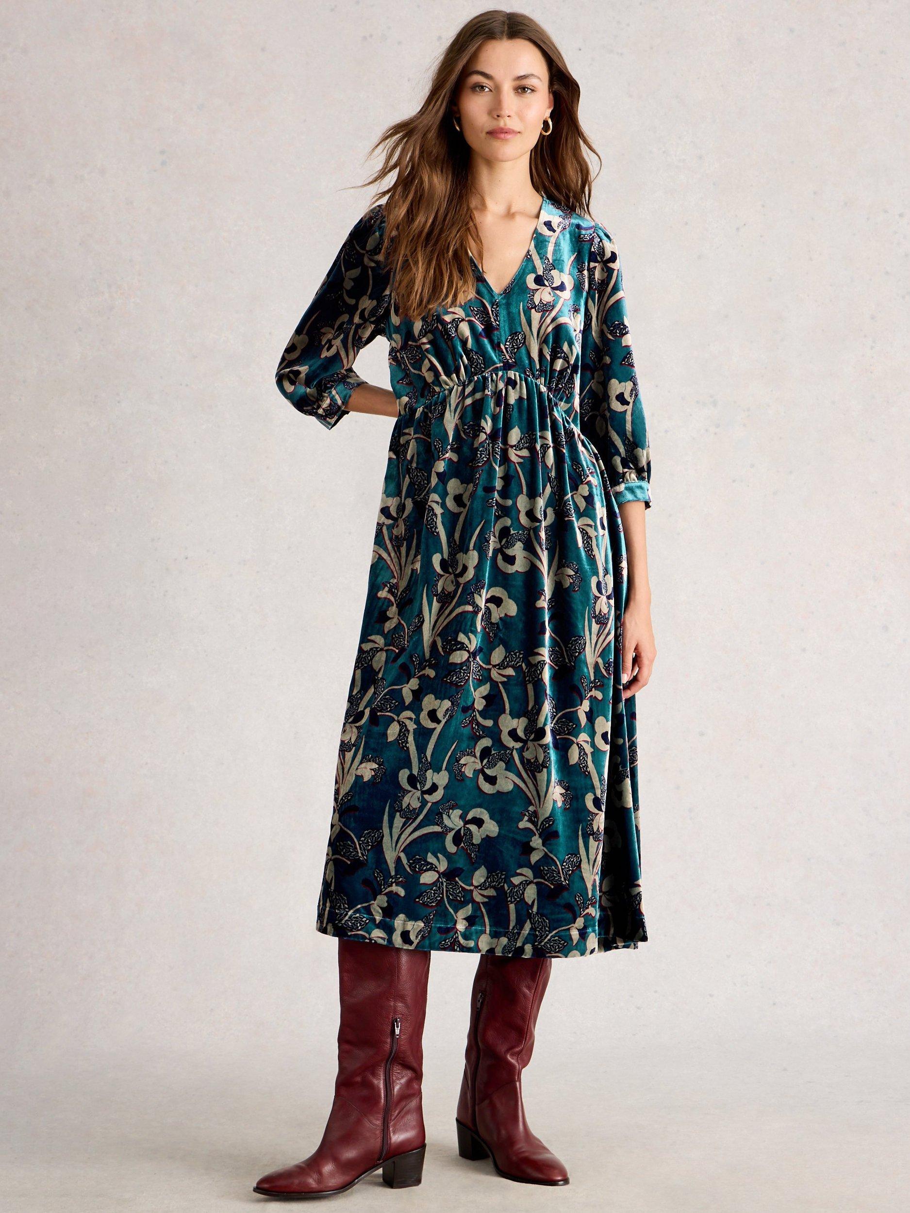 Product image 1 of 6, which shows White Stuff Lucy Midi Velvet Smock Dress , Blue/Multi, 6