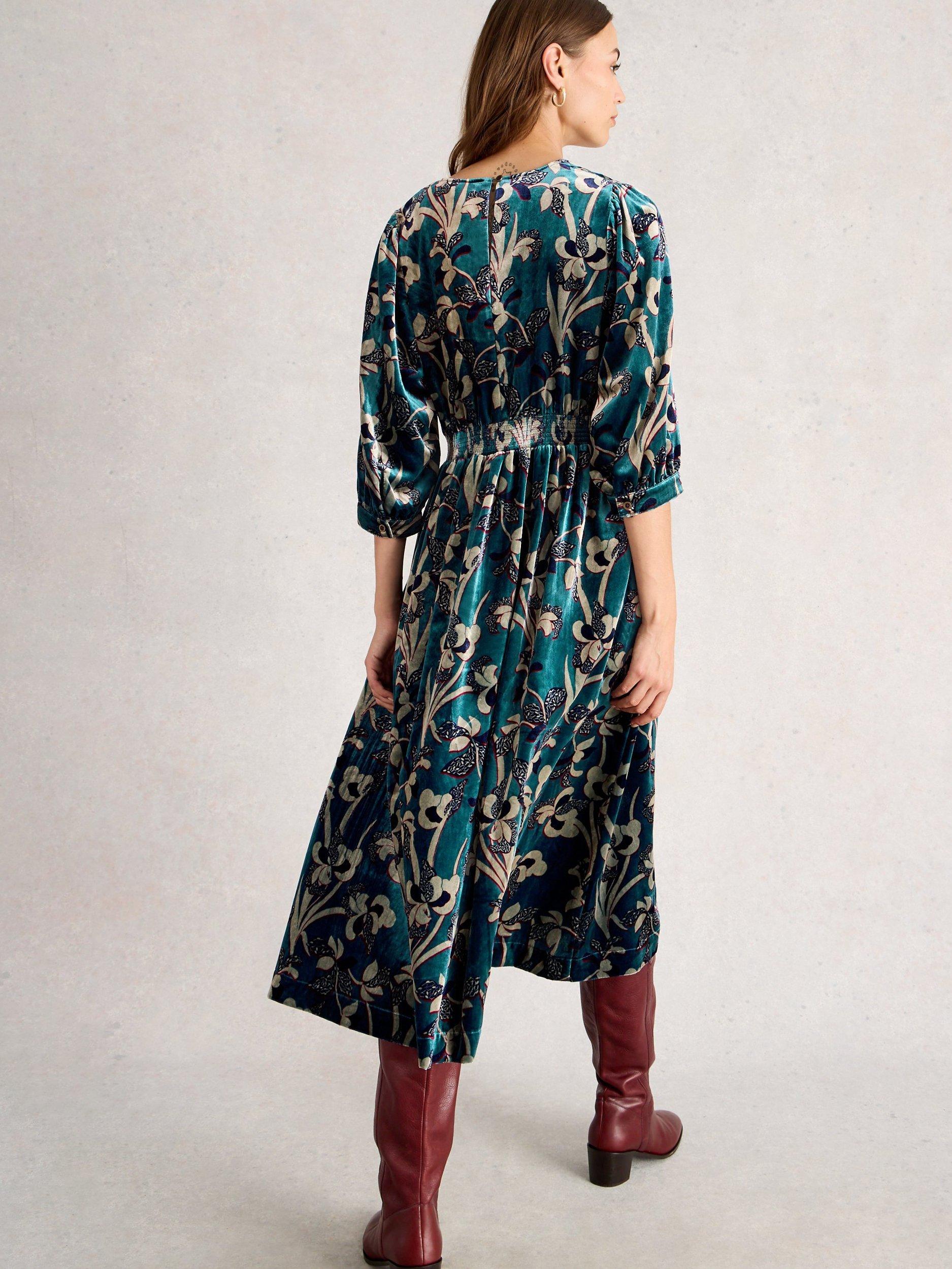 Product image 2 of 6, which shows White Stuff Lucy Midi Velvet Smock Dress , Blue/Multi, 6