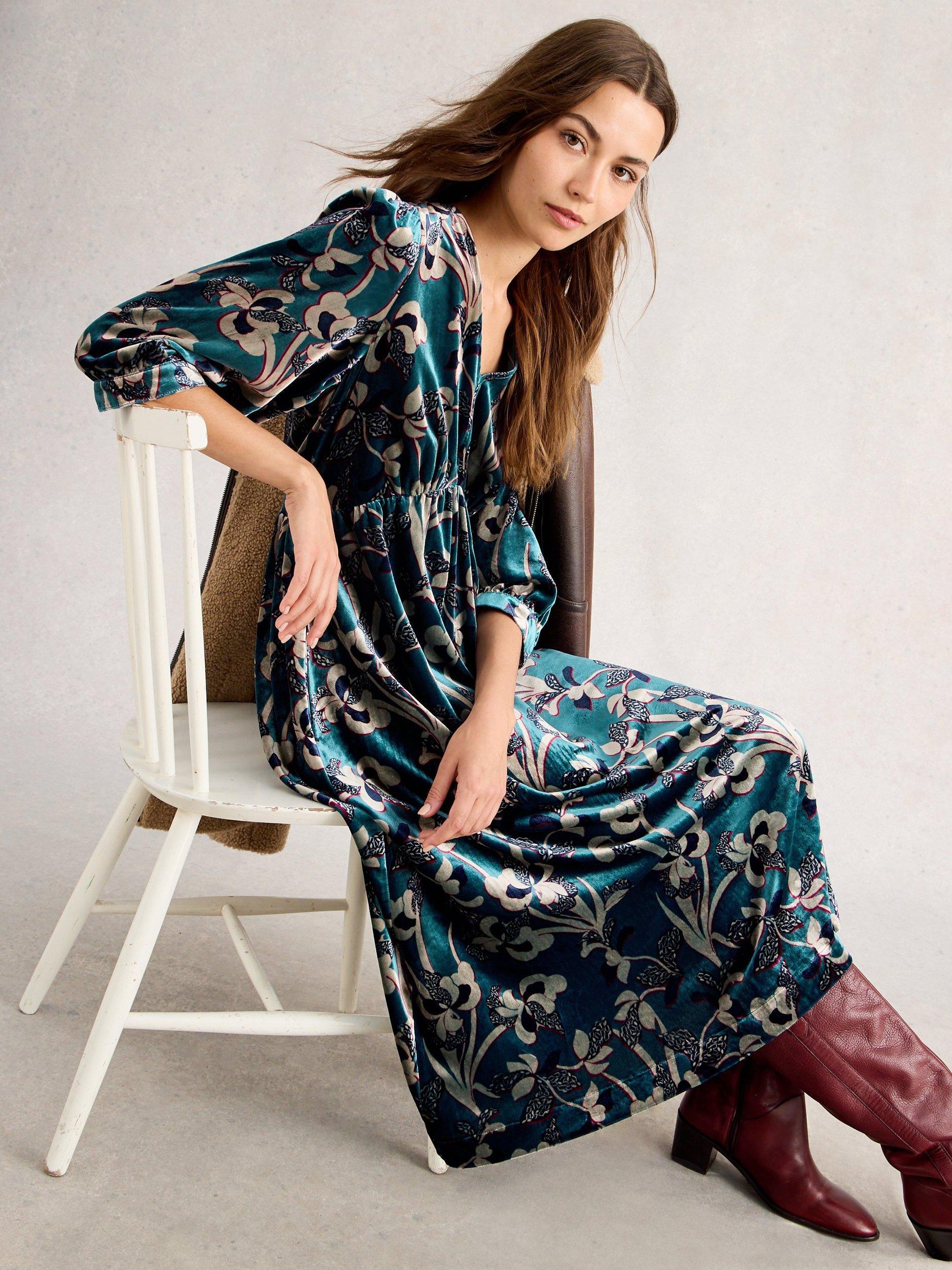 Product image 4 of 6, which shows White Stuff Lucy Midi Velvet Smock Dress , Blue/Multi, 6