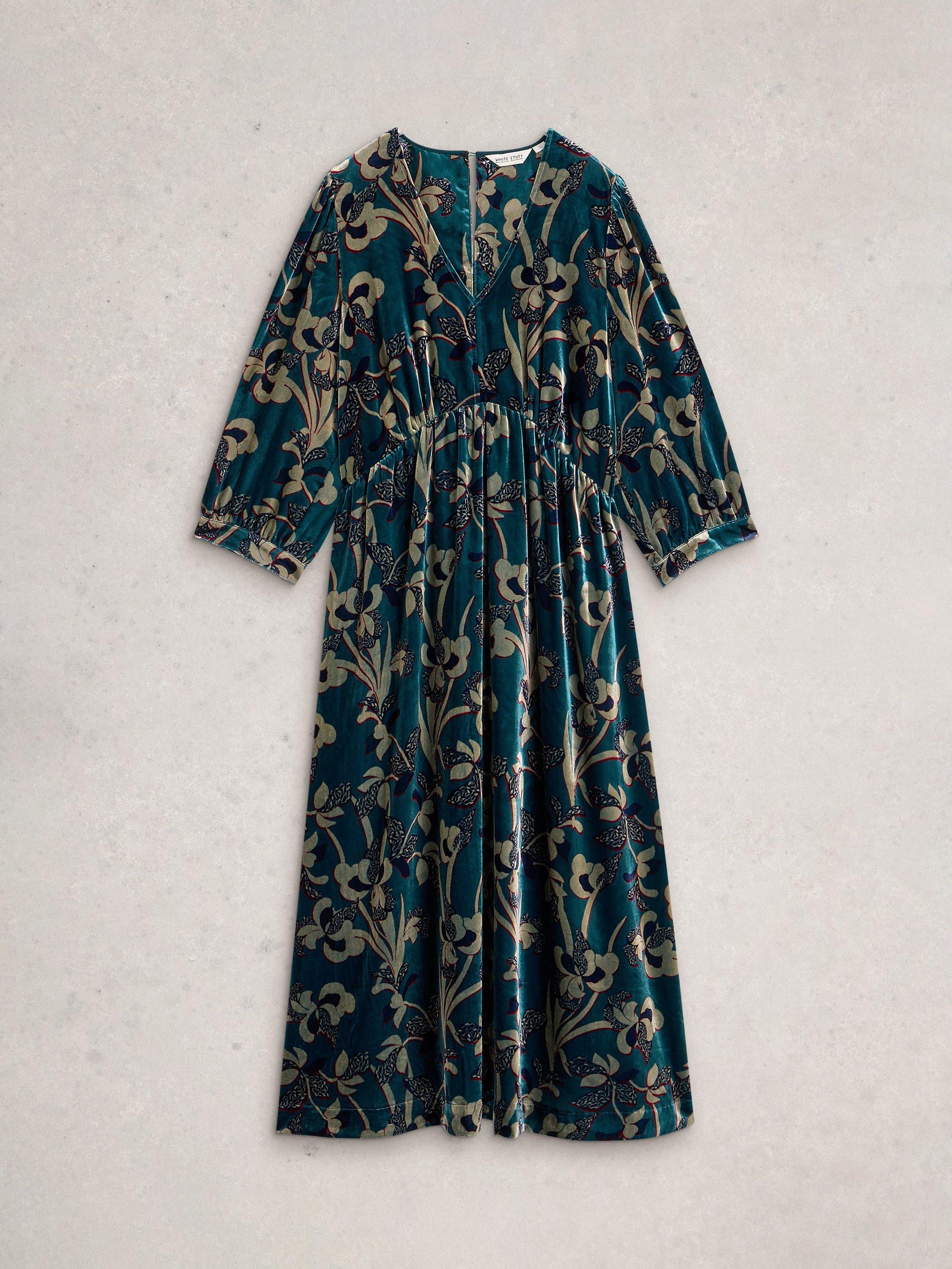 Product image 5 of 6, which shows White Stuff Lucy Midi Velvet Smock Dress , Blue/Multi, 6