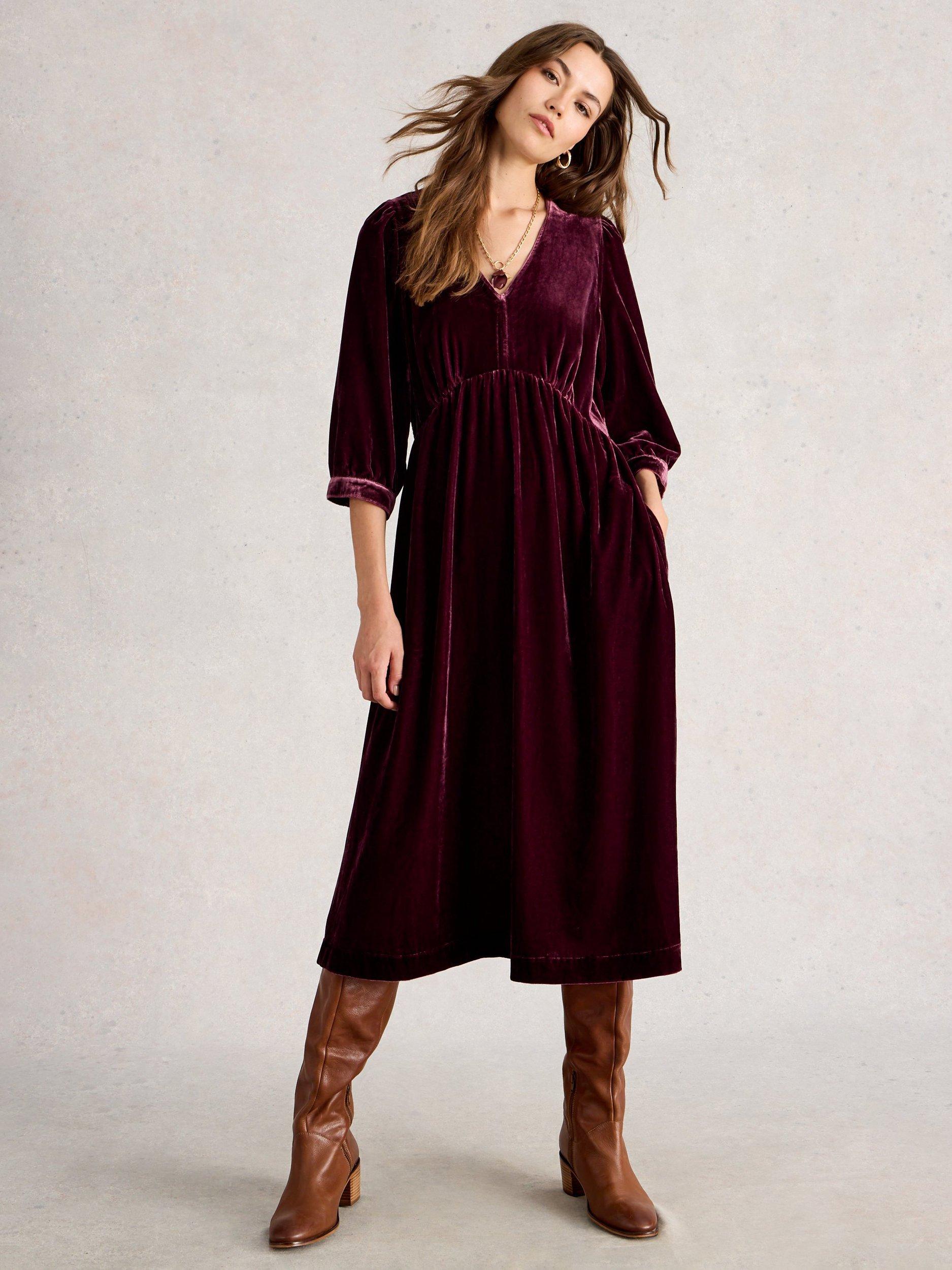 Product image 1 of 6, which shows White Stuff Lucy Velvet Midi Smock Dress , Dark Plum, 6