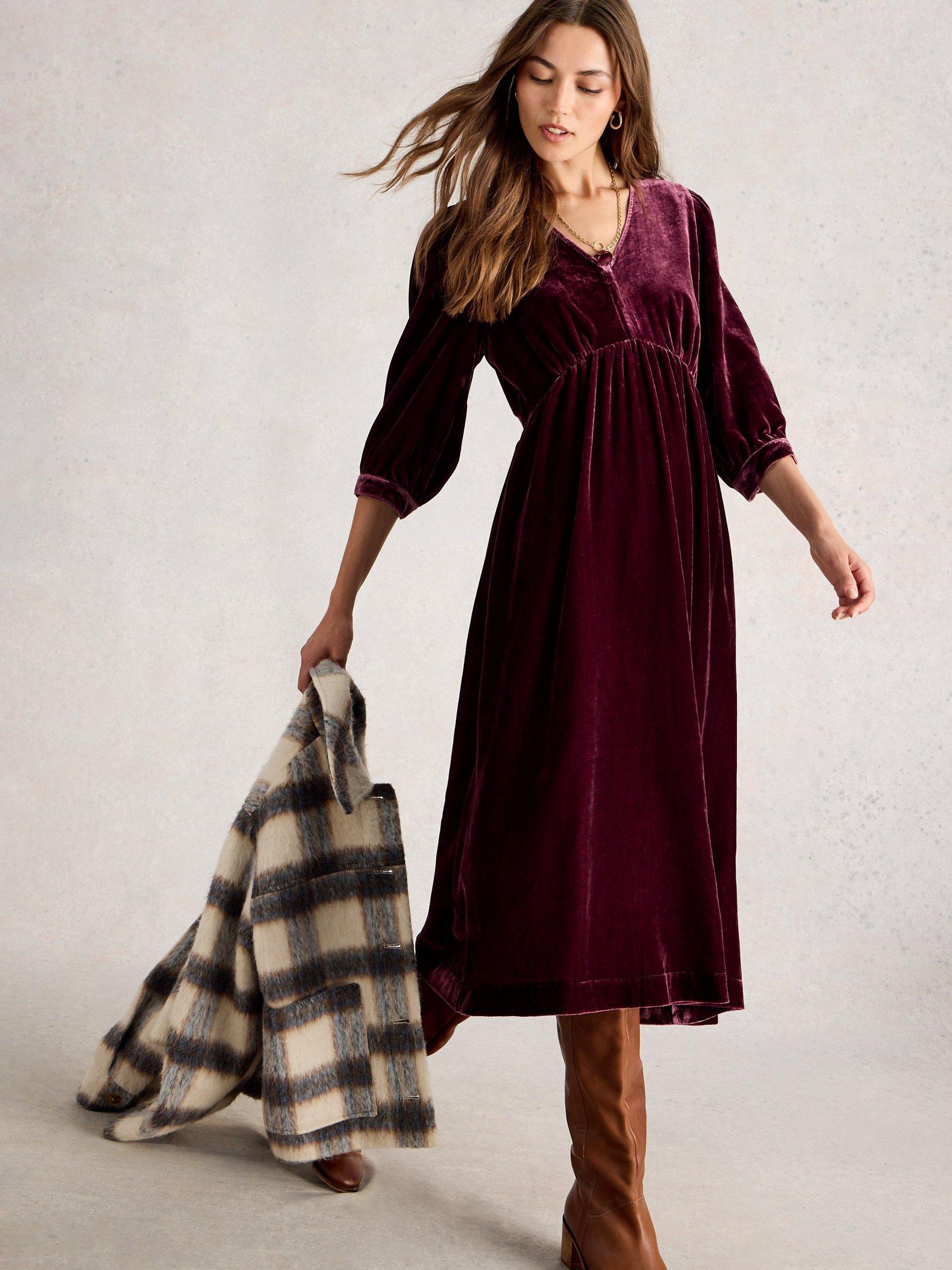 Product image 4 of 6, which shows White Stuff Lucy Velvet Midi Smock Dress , Dark Plum, 6