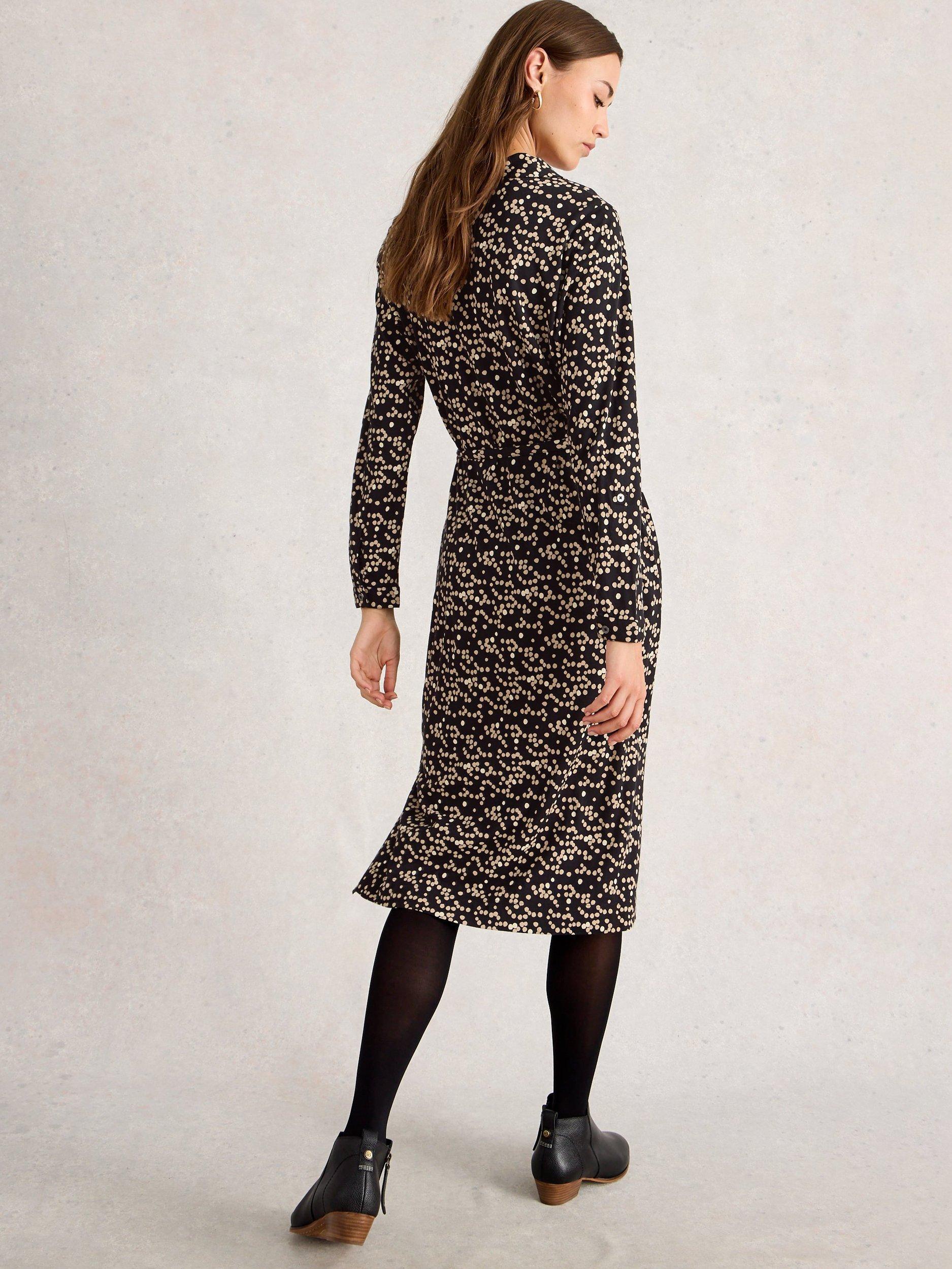 Product image 2 of 6, which shows White Stuff Tina Spot Jersey Dress, Black/Multi, 6