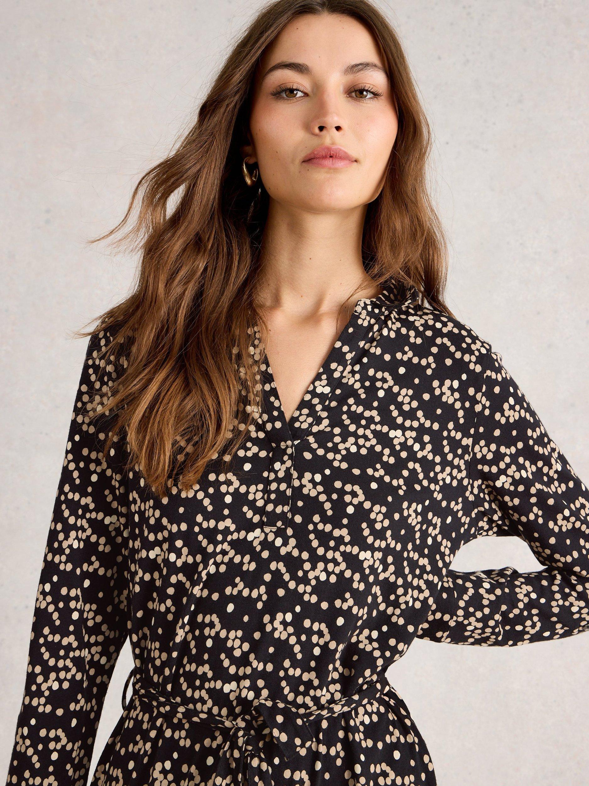 Product image 3 of 6, which shows White Stuff Tina Spot Jersey Dress, Black/Multi, 6